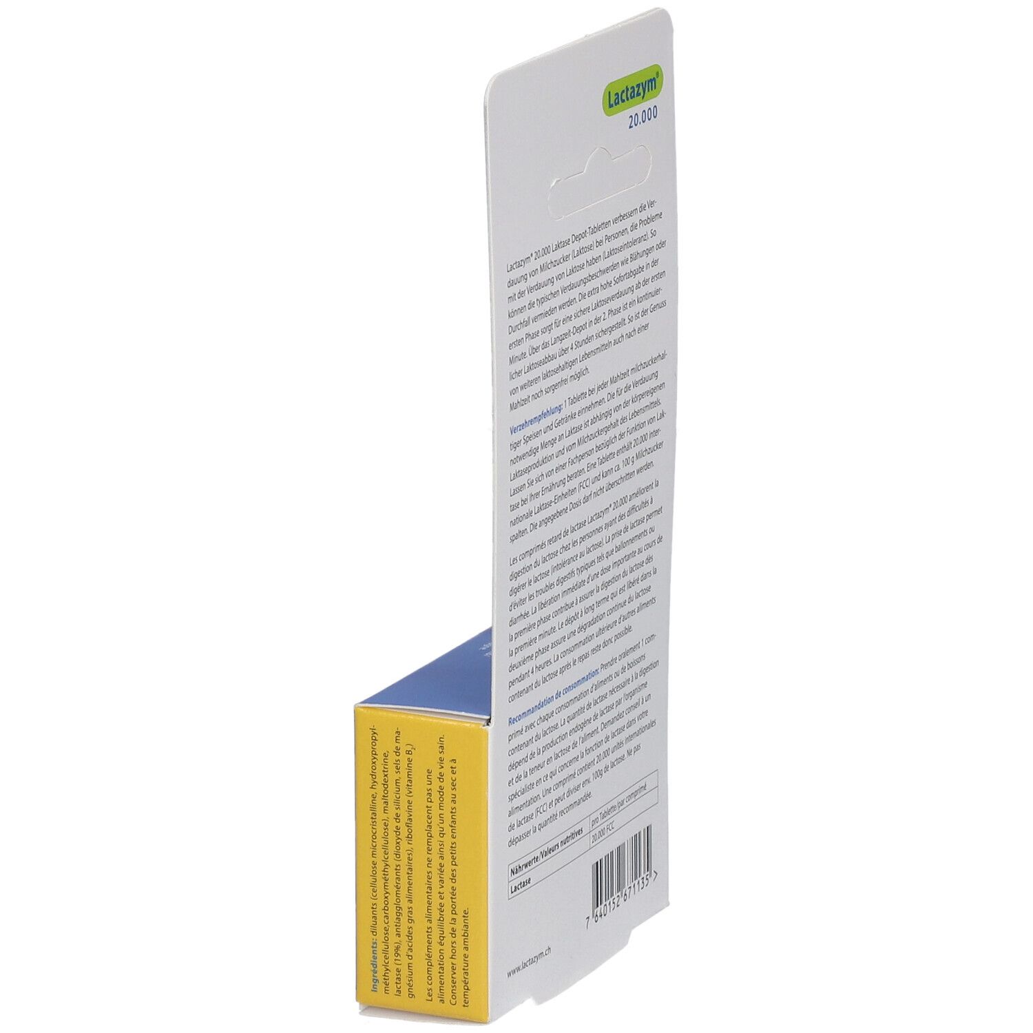 Vue latérale de l'emballage Lactazym 20.000. Texte et informations sur le produit au dos. Fond jaune.