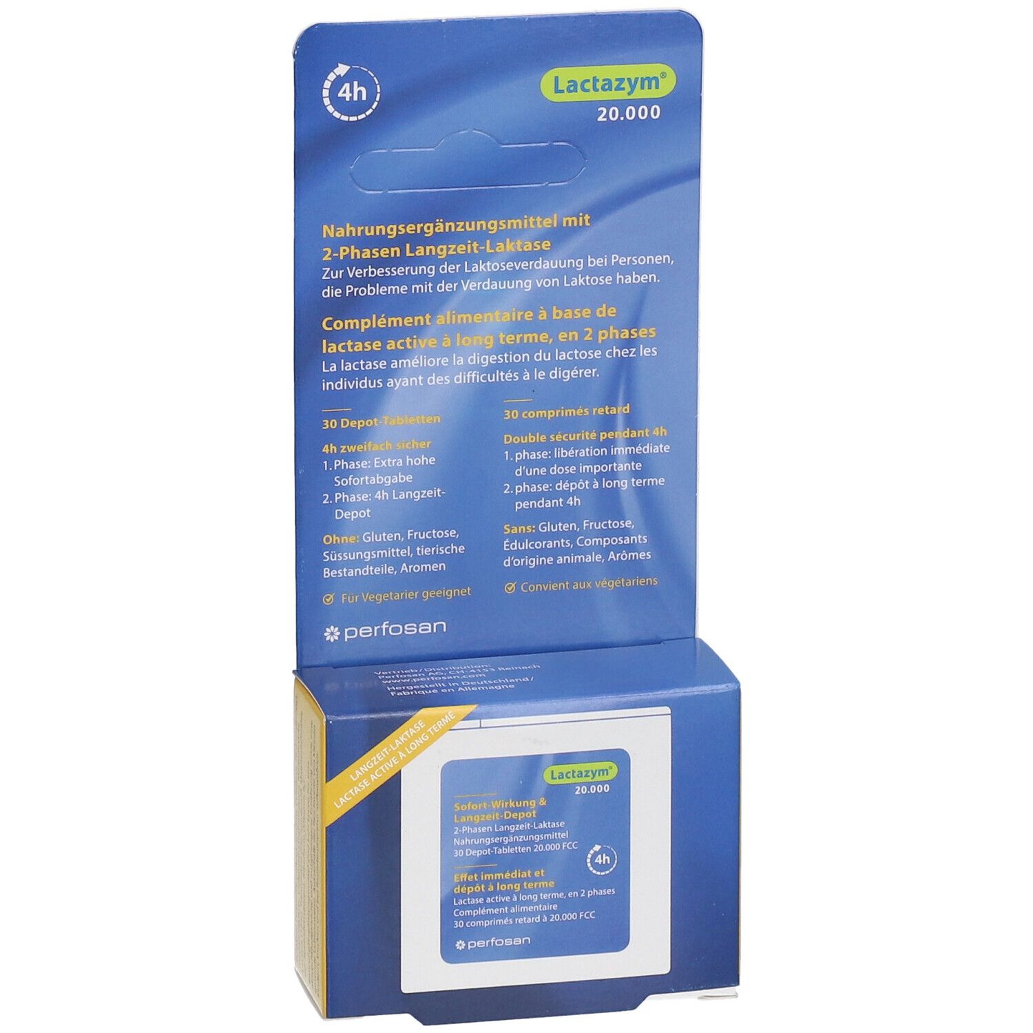 Face avant de l'emballage Lactazym 20.000. Nom du produit, texte et symbole 4h. Design bleu et jaune.