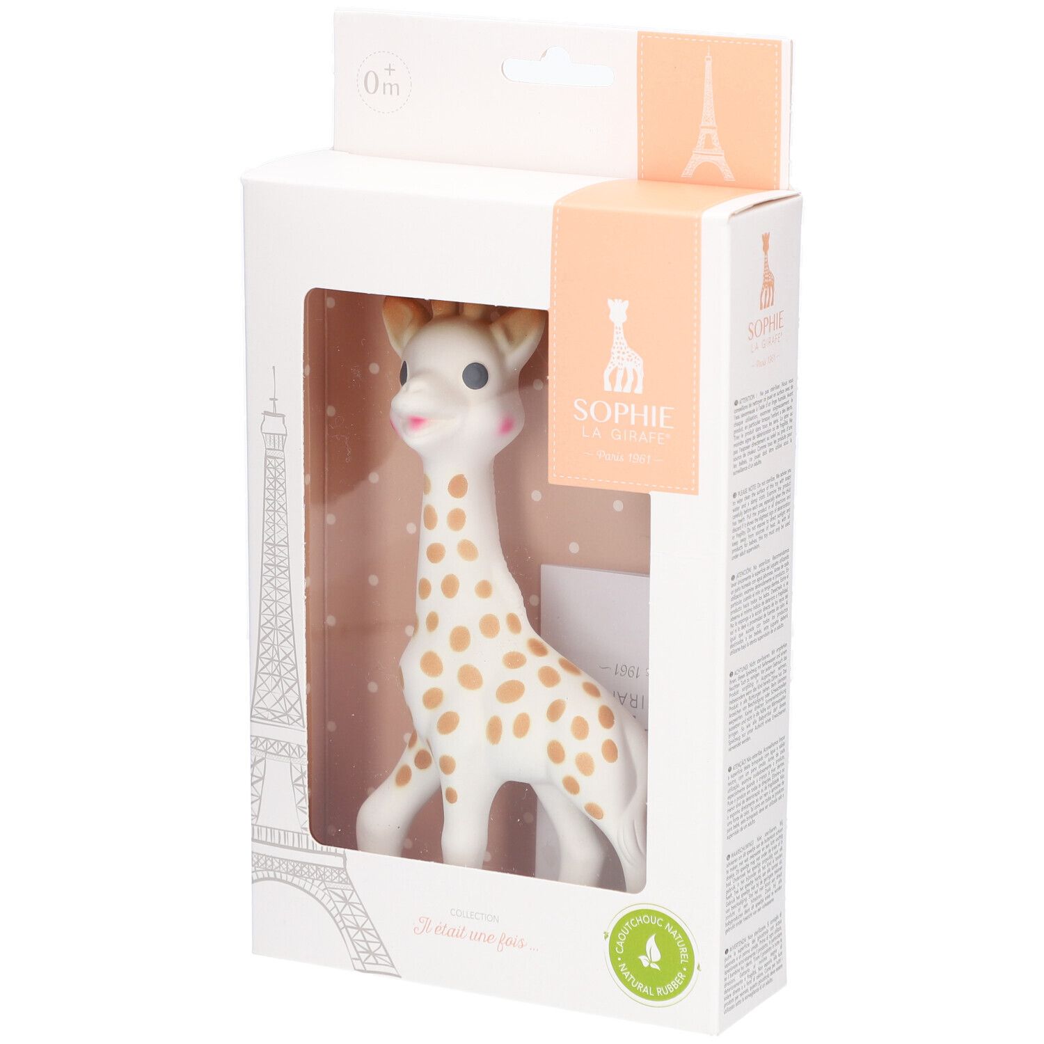 Jouet de bébé girafe en caoutchouc naturel, en boîte. Blanc avec taches marron. Fenêtre, logo et texte sur l'emballage.