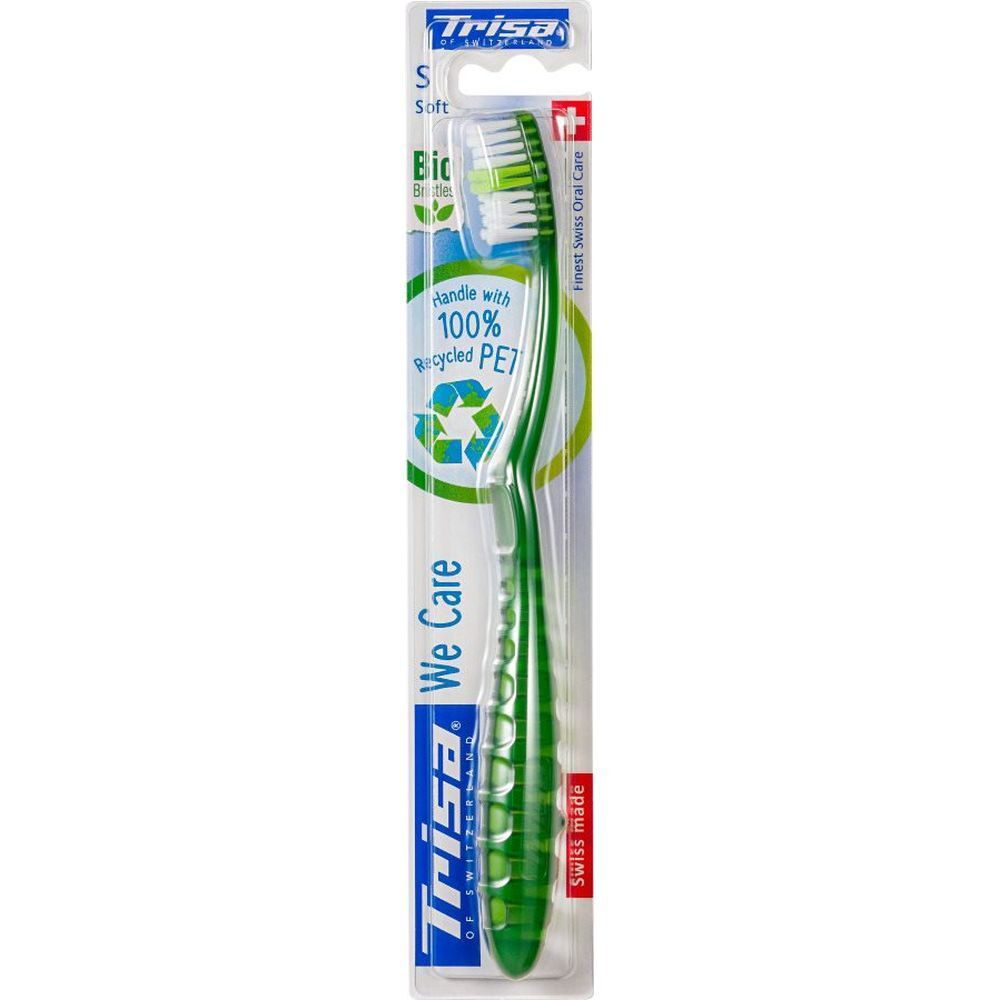 Brosse à dents verte à poils souples, manche en PET 100% recyclé, marque Trisa.