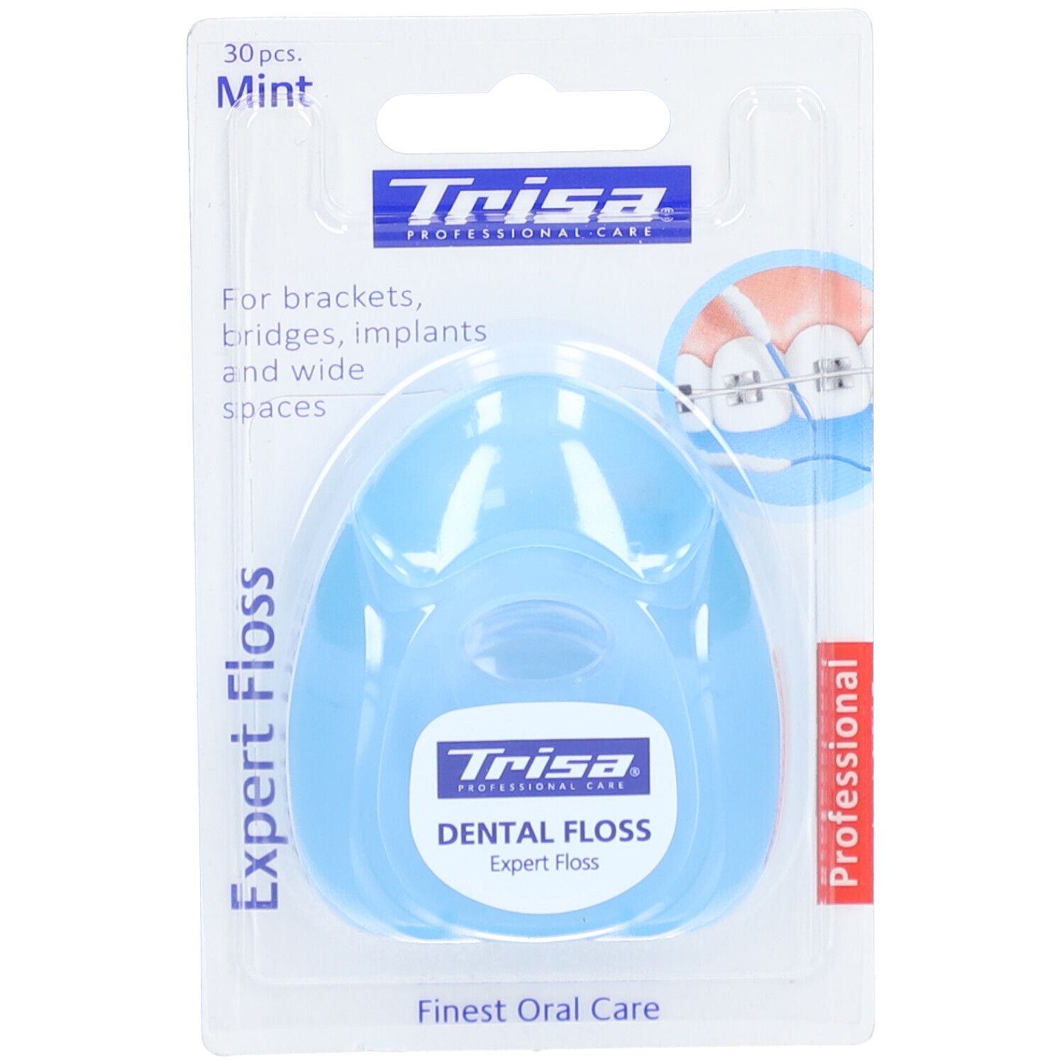 Boîte distributrice de fil dentaire bleu clair, 30 pièces. Marque Trisa, Expert Floss, menthe. Pour appareils et implants.