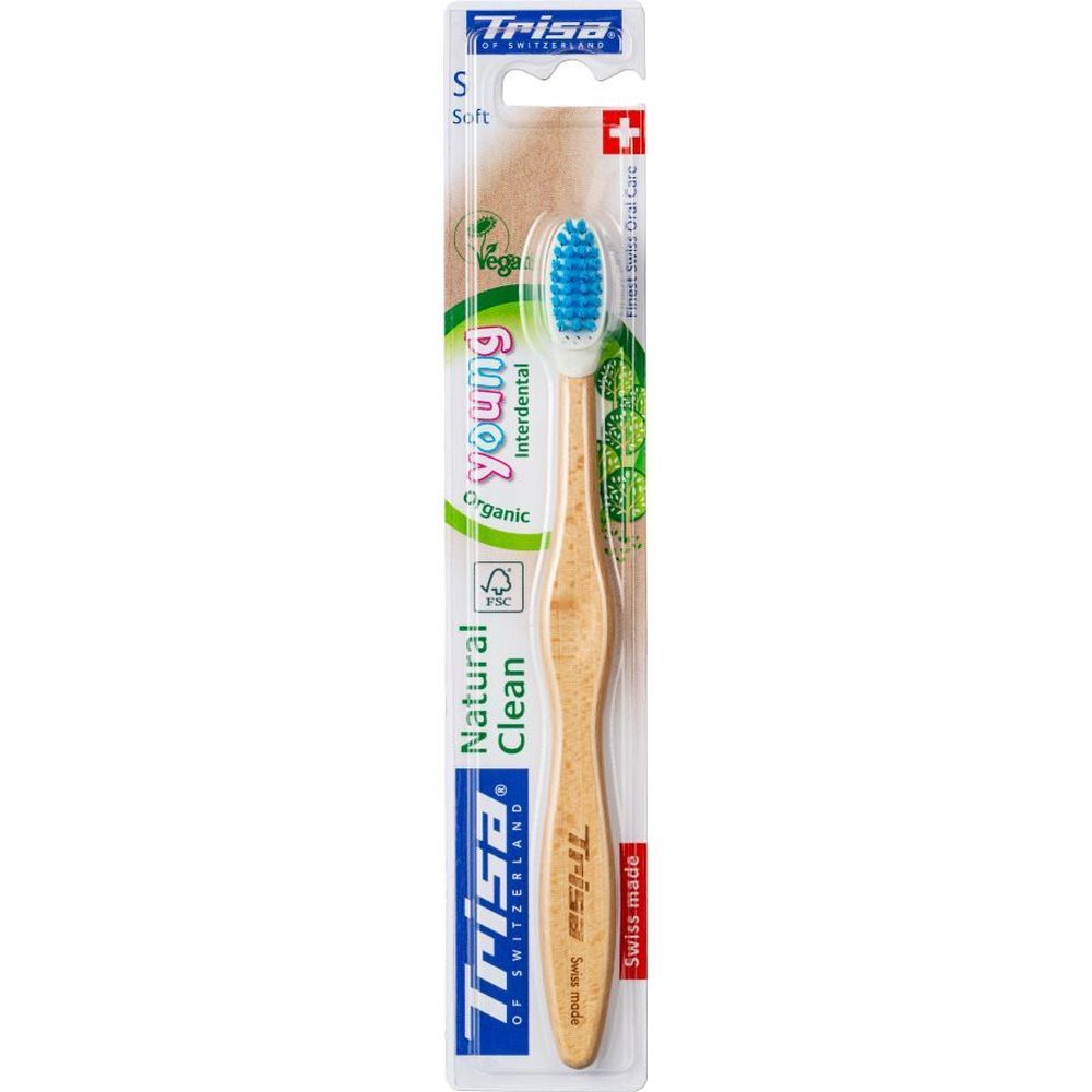 Brosse à dents Trisa Natural Clean Young, souple, manche en bambou, poils bleus, vegan, Swiss made.