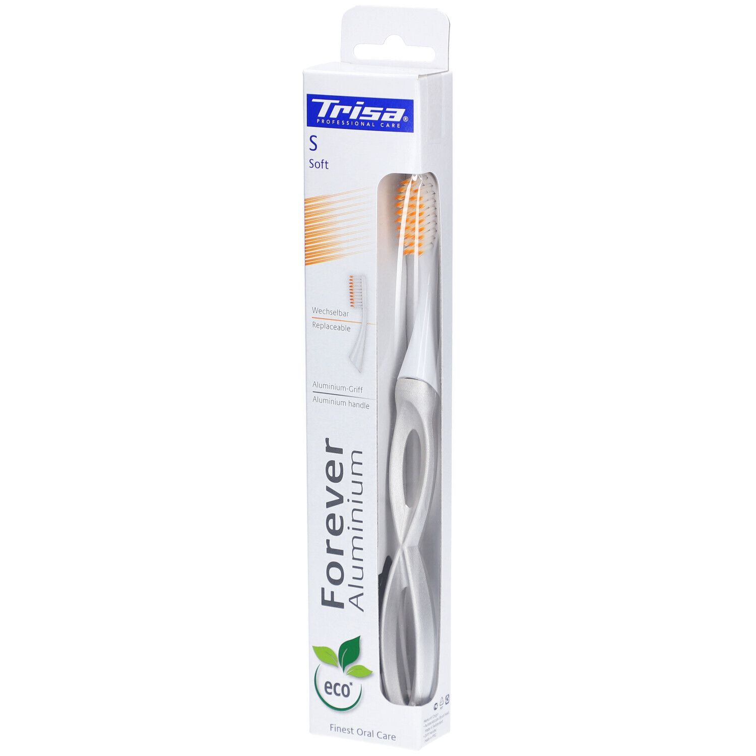 Brosse à dents dans son emballage. Manche blanc, brins orange. "Forever Aluminium" et logo "eco" visibles.