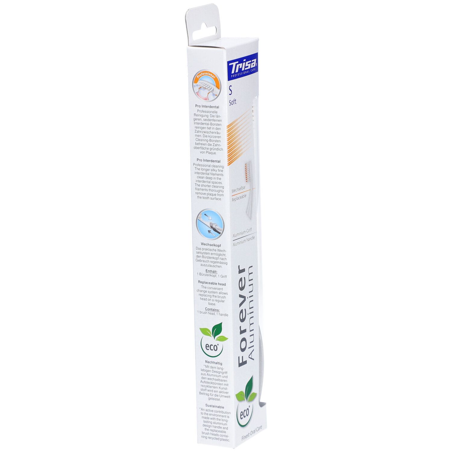 Emballage de la brosse à dents. Texte avec informations produit. "Forever Aluminium" et logo "eco".