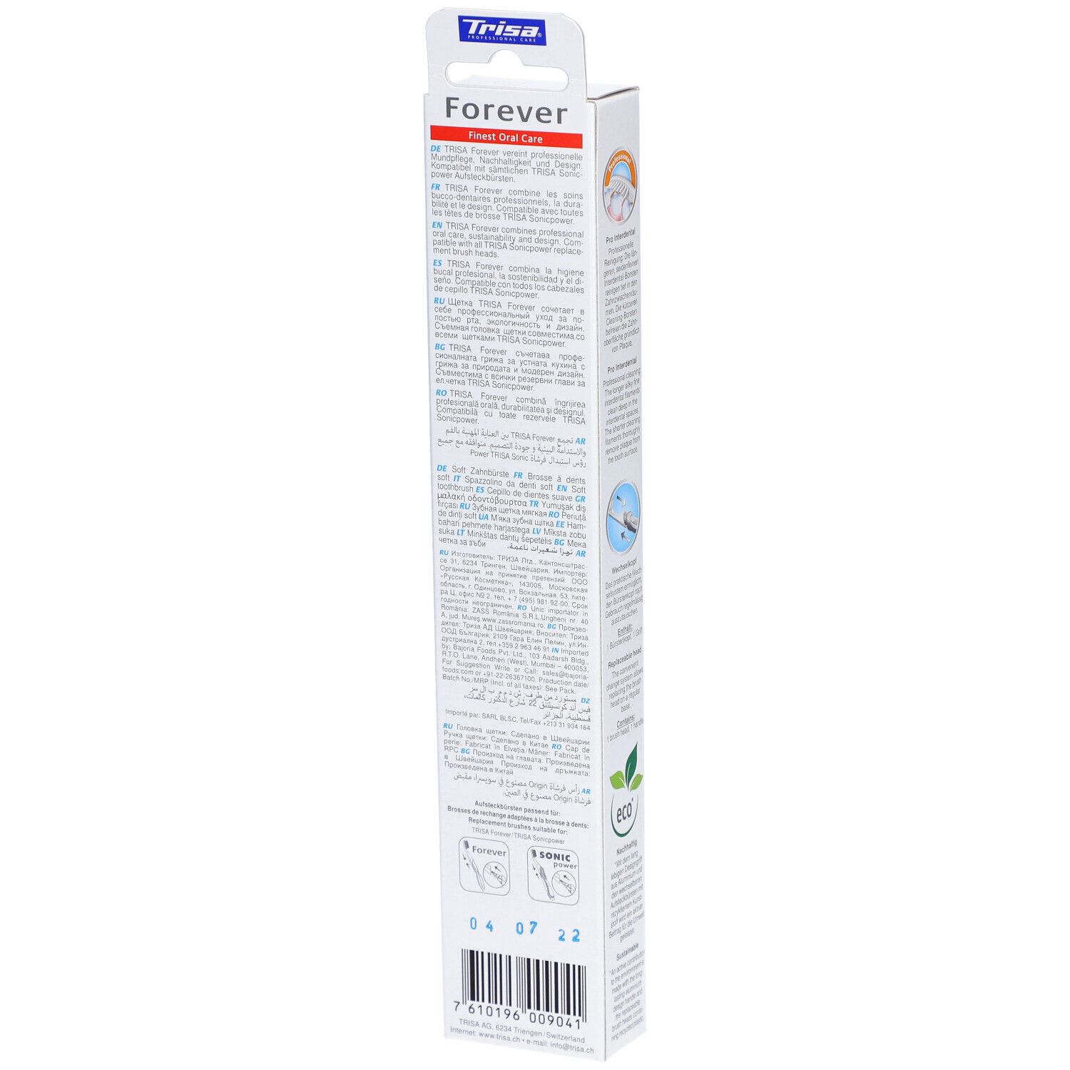 Dos de l'emballage de la brosse à dents. Texte multilingue. Code-barres et logo "eco" visibles.