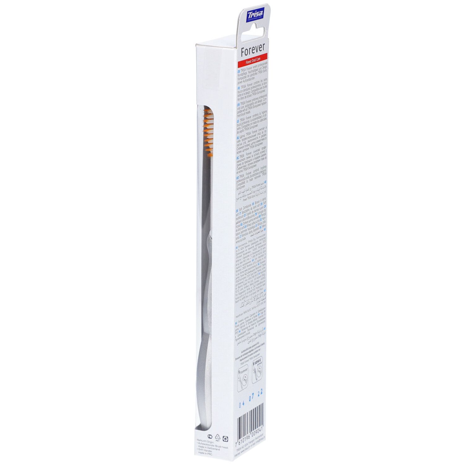 Vue latérale de l'emballage de la brosse à dents. Texte et nom du produit "Forever".