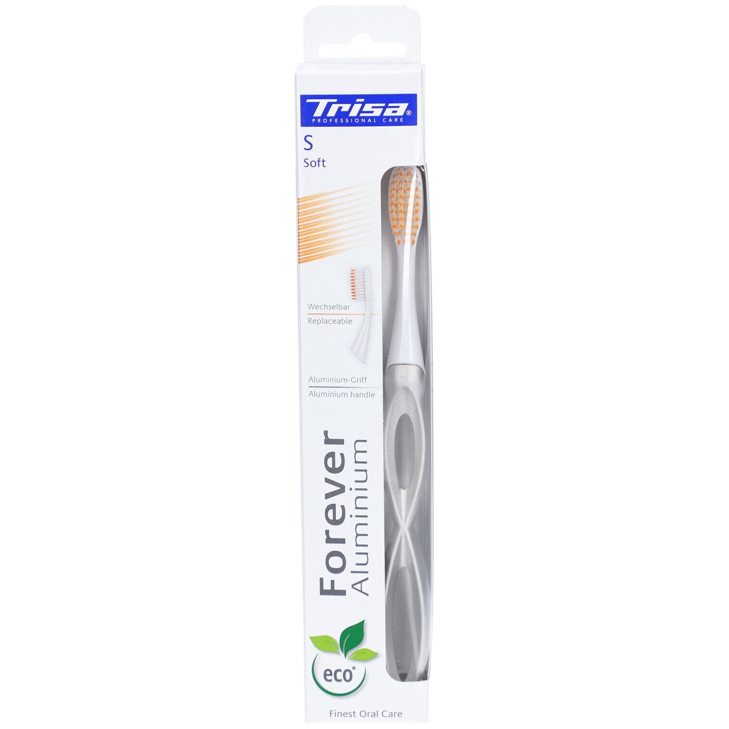 Brosse à dents dans son emballage. Manche blanc, brins orange. "Trisa" et "Forever Aluminium" visibles.