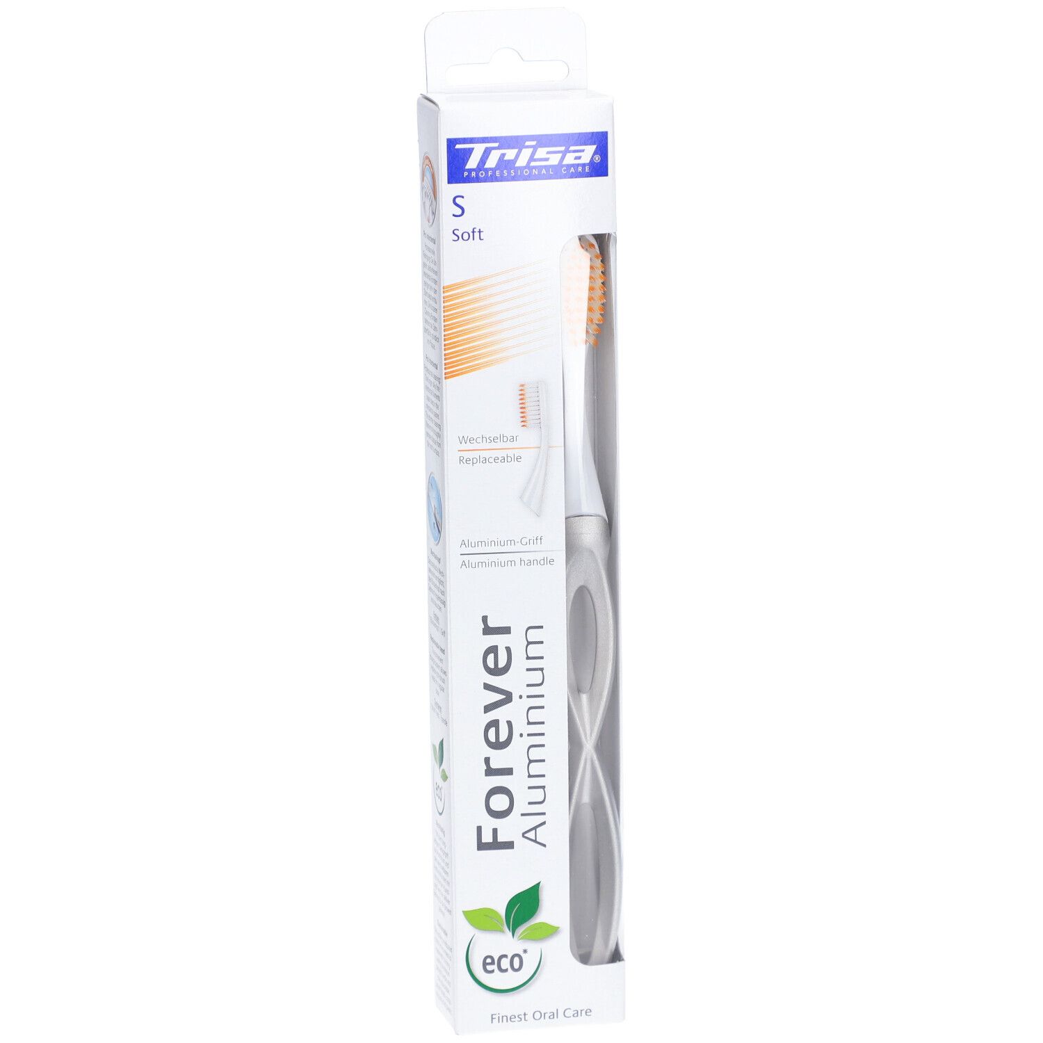 Brosse à dents dans son emballage. Manche blanc, brins orange. "Trisa" et "Forever Aluminium" visibles.