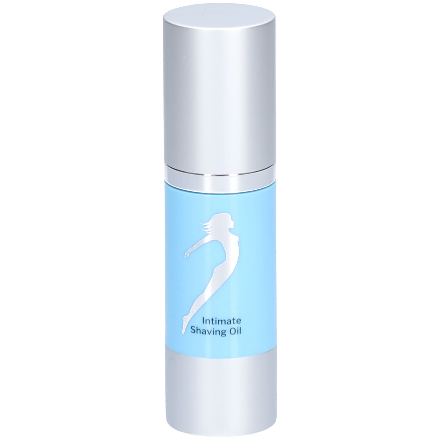 Flacon cylindrique avec bouchon argenté. Autocollant bleu clair avec silhouette argentée et texte: Intimate Shaving Oil.