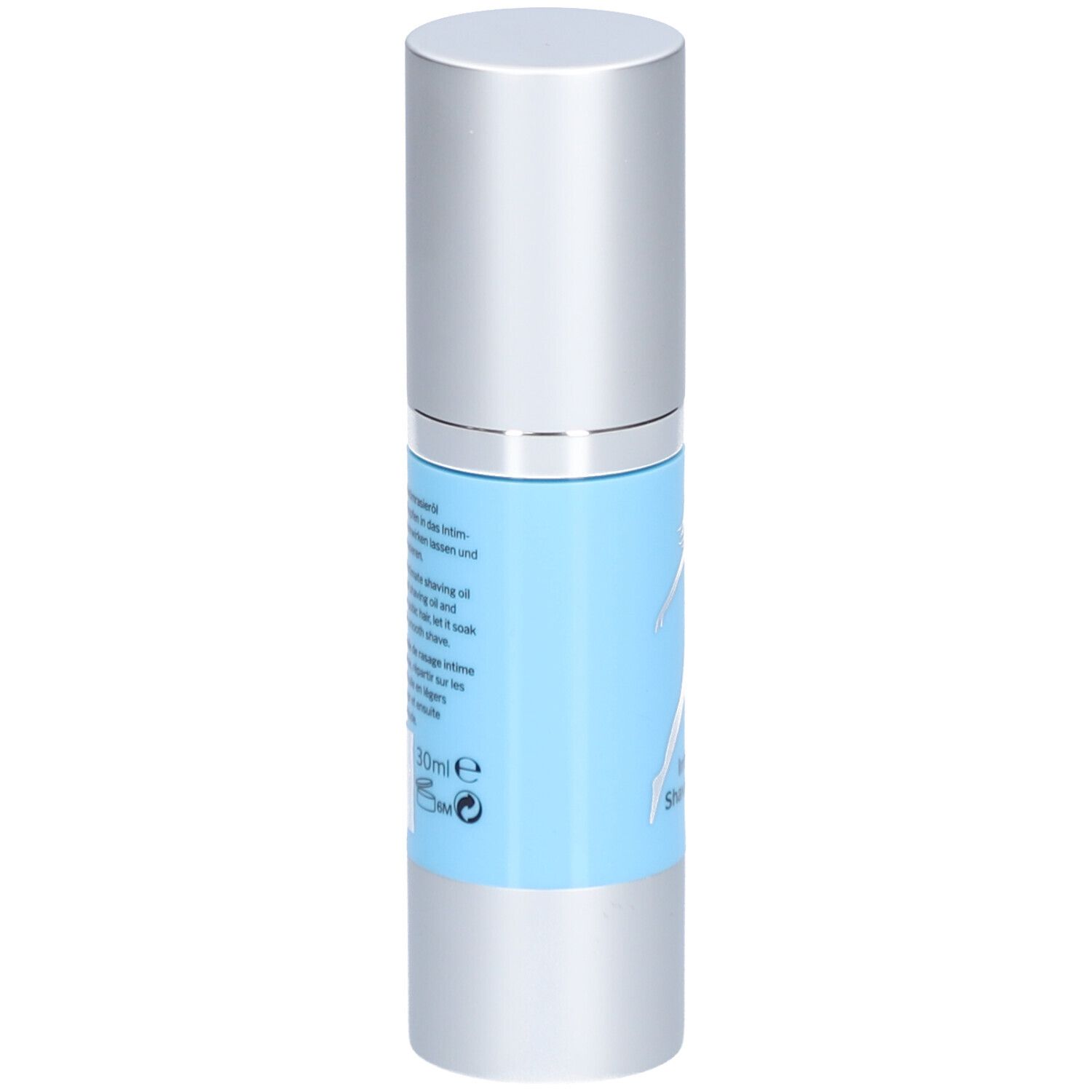 Flacon cylindrique avec bouchon argenté. Autocollant bleu clair avec texte et silhouette argentée. Informations produit au dos.