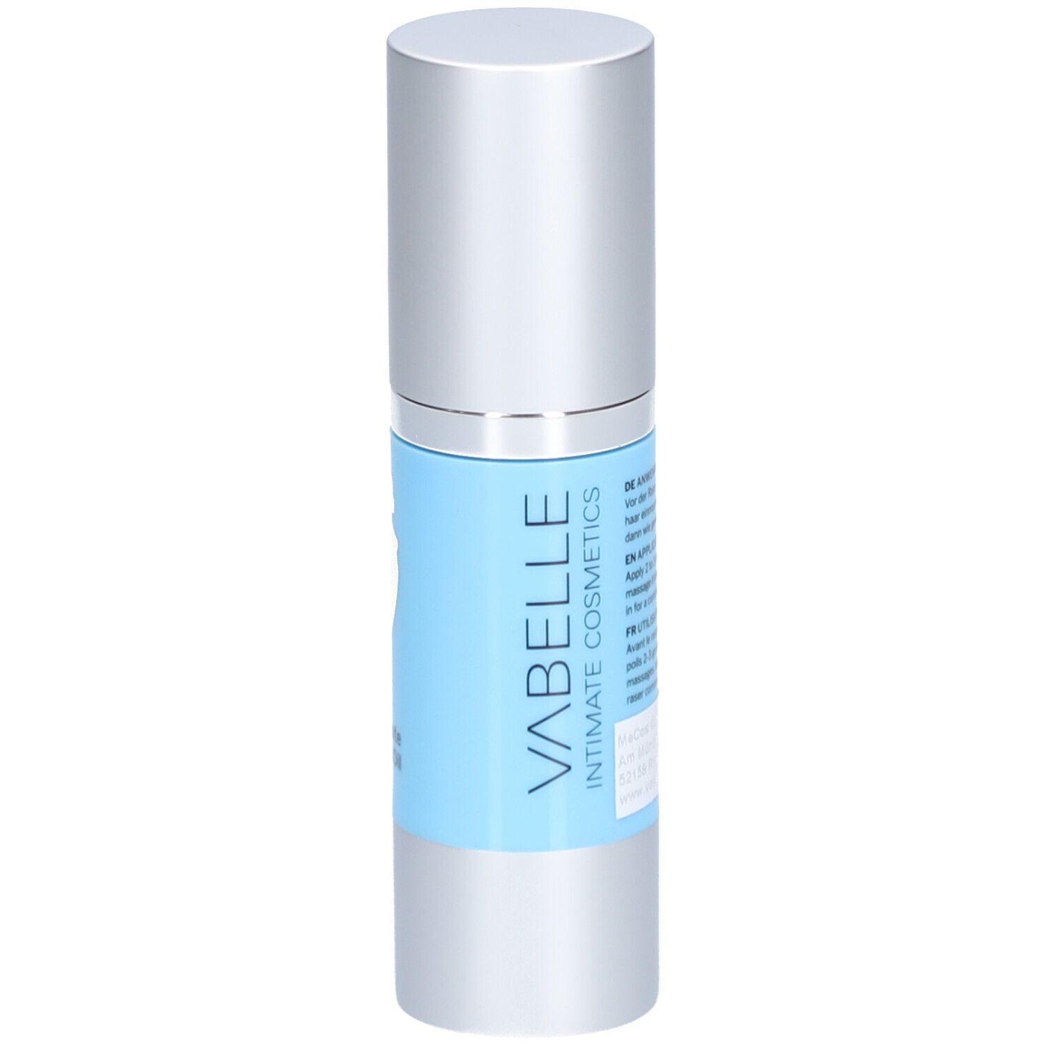 Flacon cylindrique avec bouchon argenté. Autocollant bleu clair avec texte et silhouette argentée. Marque: VABELLE INTIMATE COSMETICS.