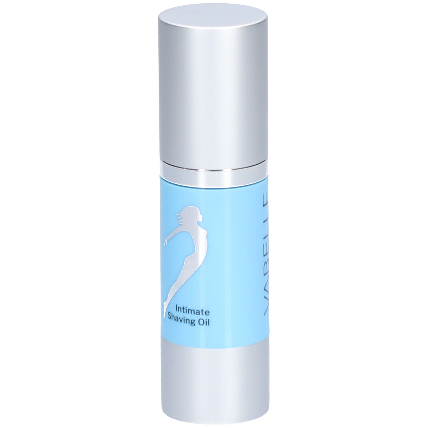 Flacon cylindrique avec bouchon argenté. Autocollant bleu clair avec silhouette argentée et texte: Intimate Shaving Oil. Marque non visible.