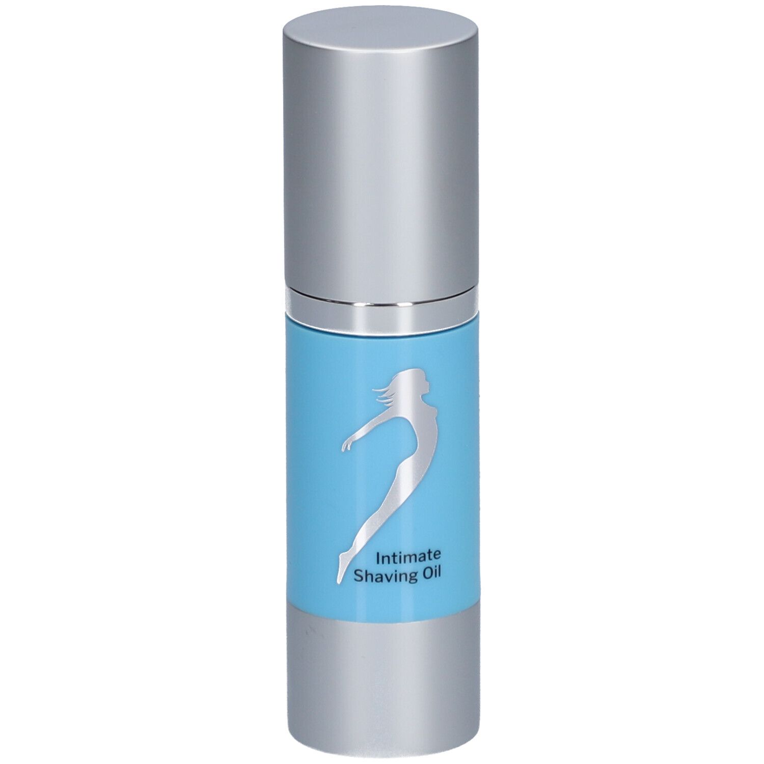 Flacon cylindrique avec bouchon argenté. Autocollant bleu clair avec silhouette argentée et texte: Intimate Shaving Oil.