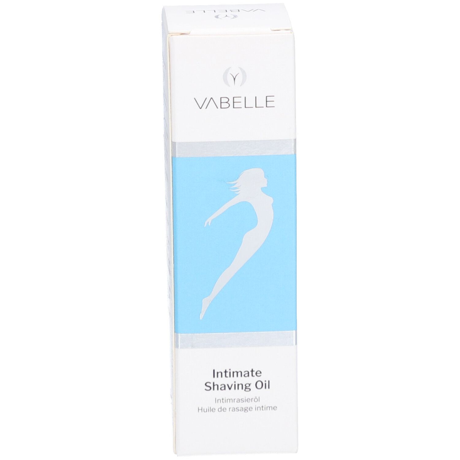 Emballage du produit. Boîte blanche avec logo, bande argentée et nom du produit: Intimate Shaving Oil.