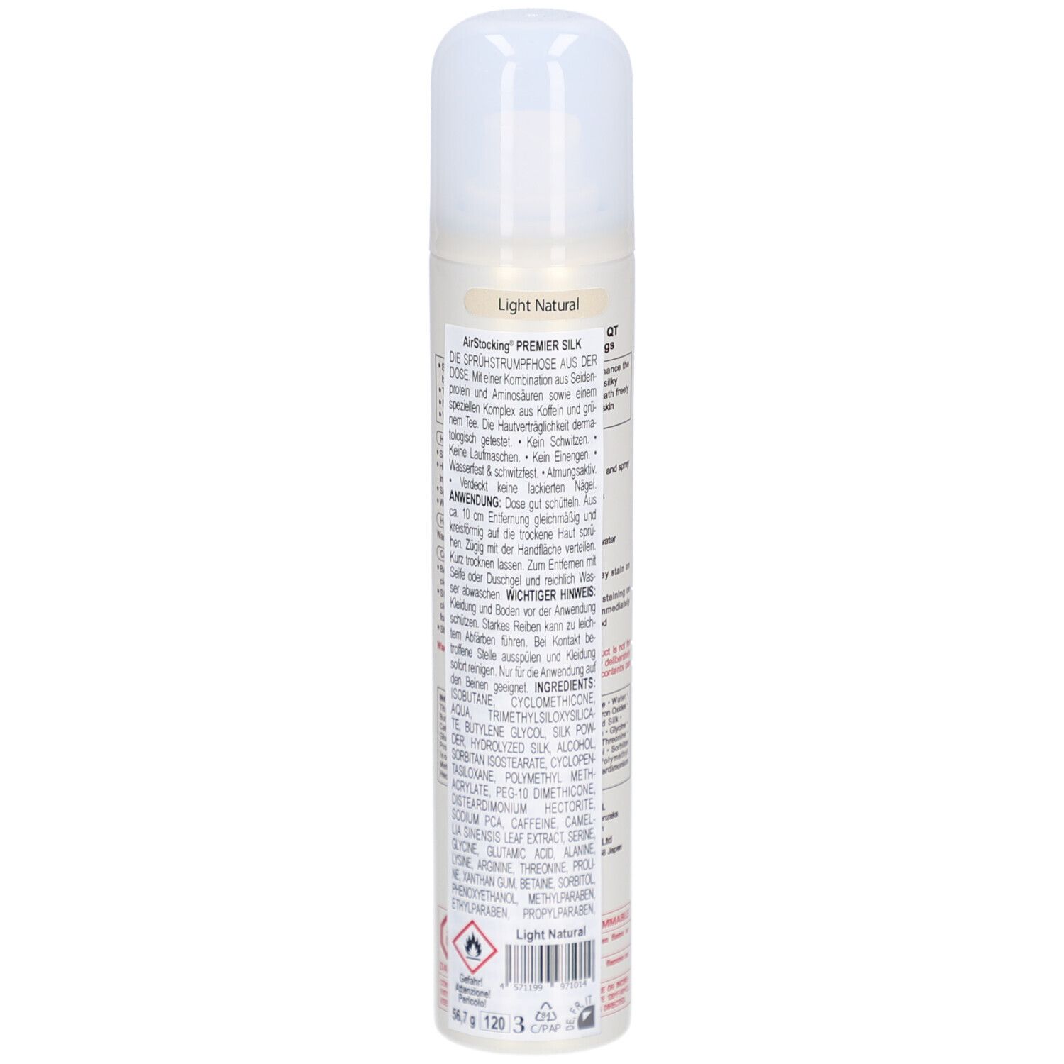 Bombe aérosol beige avec bouchon blanc. Texte: AIR STOCKING PREMIER SILK. Inscriptions et informations.