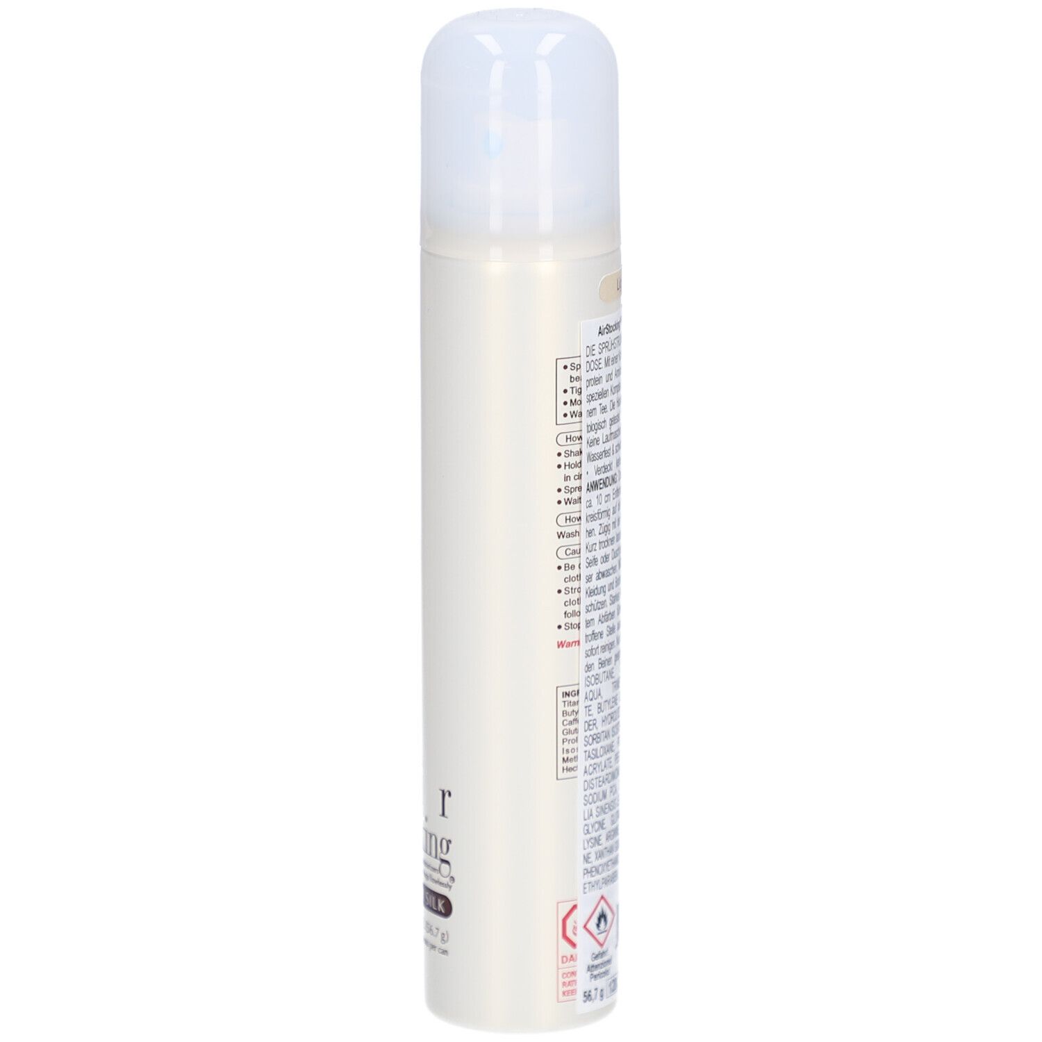 Bombe aérosol beige avec bouchon blanc. Texte: AIR STOCKING PREMIER SILK. Inscriptions et informations.