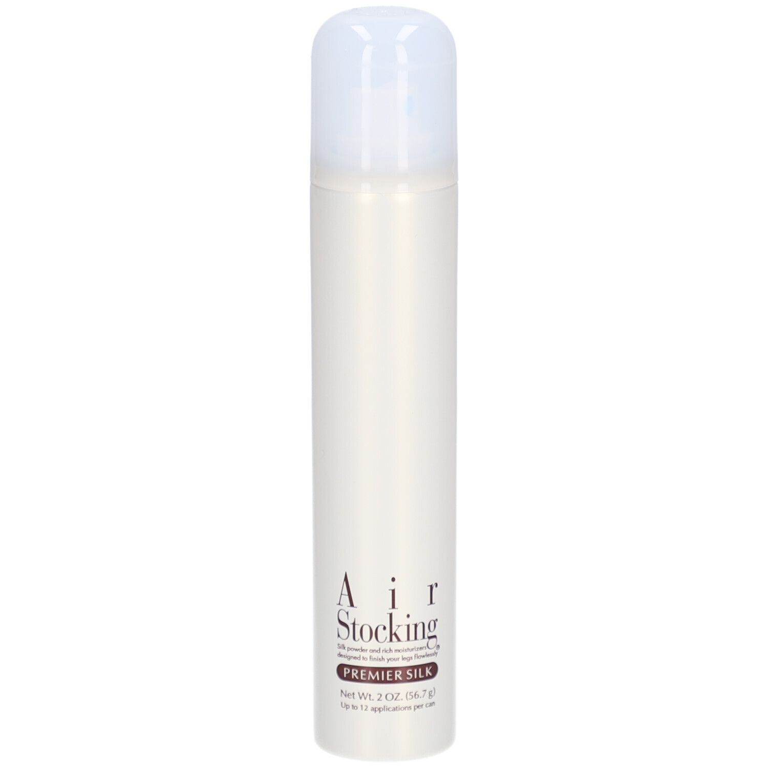 Bombe aérosol beige avec bouchon blanc. Texte: AIR STOCKING PREMIER SILK. Net 2.0 oz (56.7g).