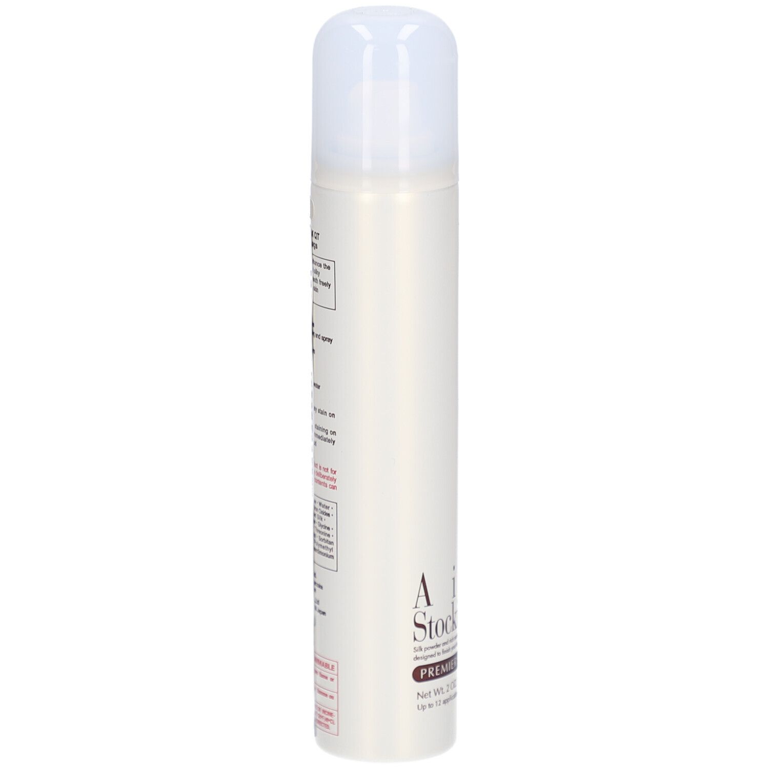 Bombe aérosol beige avec bouchon blanc. Texte: AIR STOCKING PREMIER SILK. Inscriptions et informations.