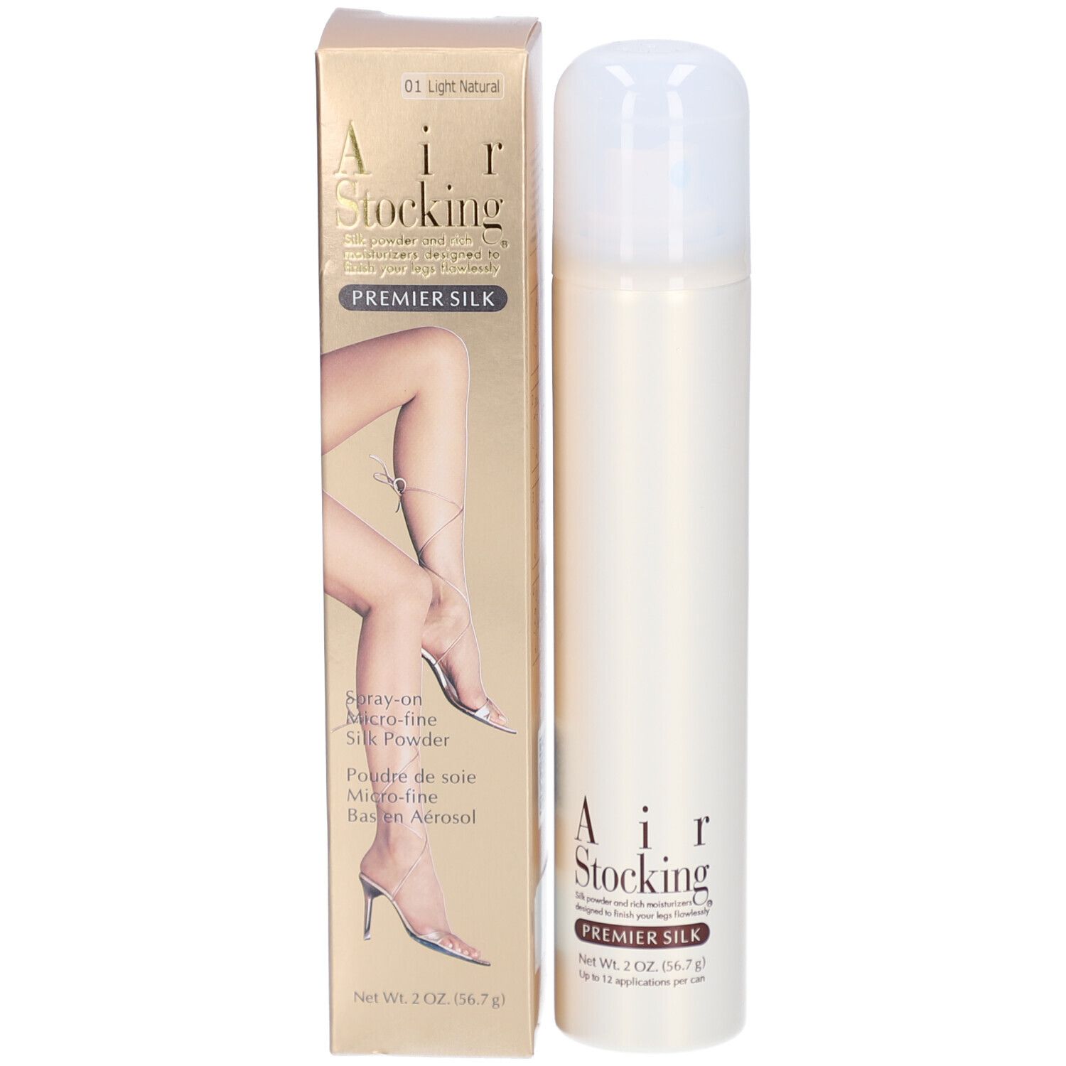 Emballage du produit avec bombe aérosol et boîte. Texte: AIR STOCKING PREMIER SILK. Image de jambes.