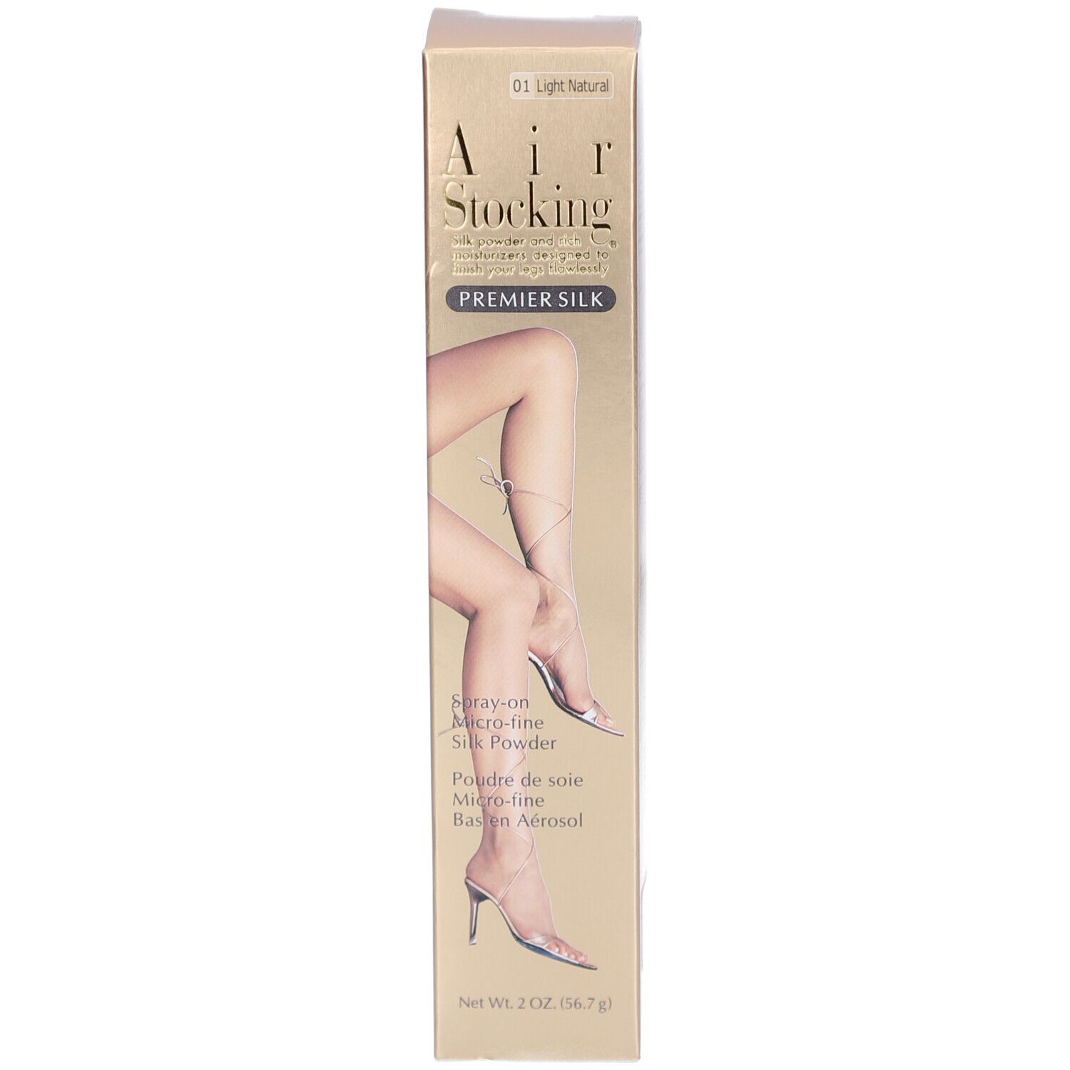 Emballage du produit avec boîte. Texte: AIR STOCKING PREMIER SILK. Image de jambes.