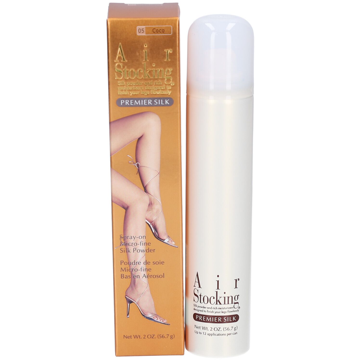 Produit et emballage. Bombe et boîte. Inscription: Air Stocking Premier Silk. Illustration: jambes avec bas.