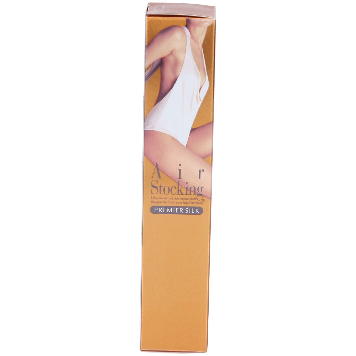 Boîte. Inscription: Air Stocking Premier Silk. Illustration: haut du corps. Couleur: or. Texte: Premier Silk.