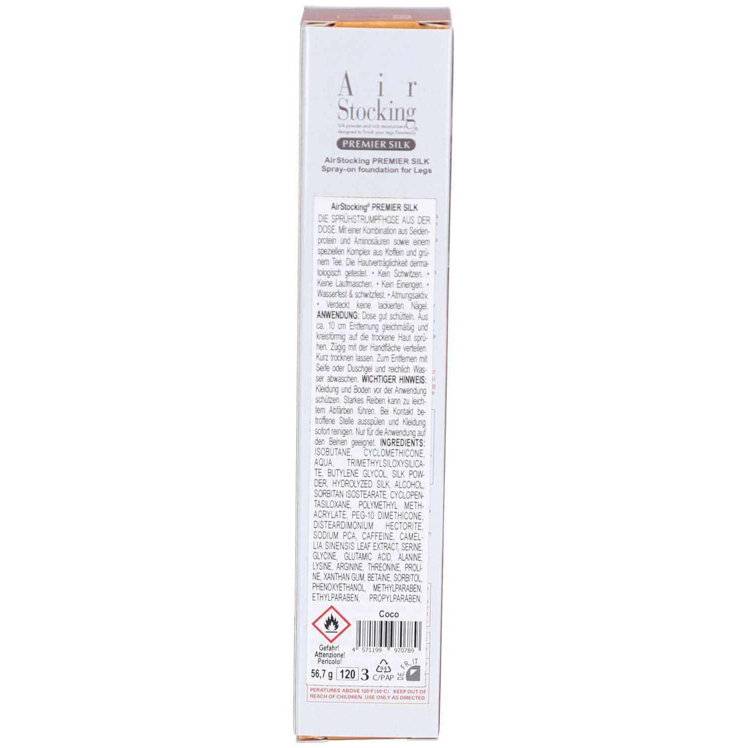 Dos de l'emballage. Texte en plusieurs langues. Inscription: Air Stocking Premier Silk. Ingrédients. Avertissements.