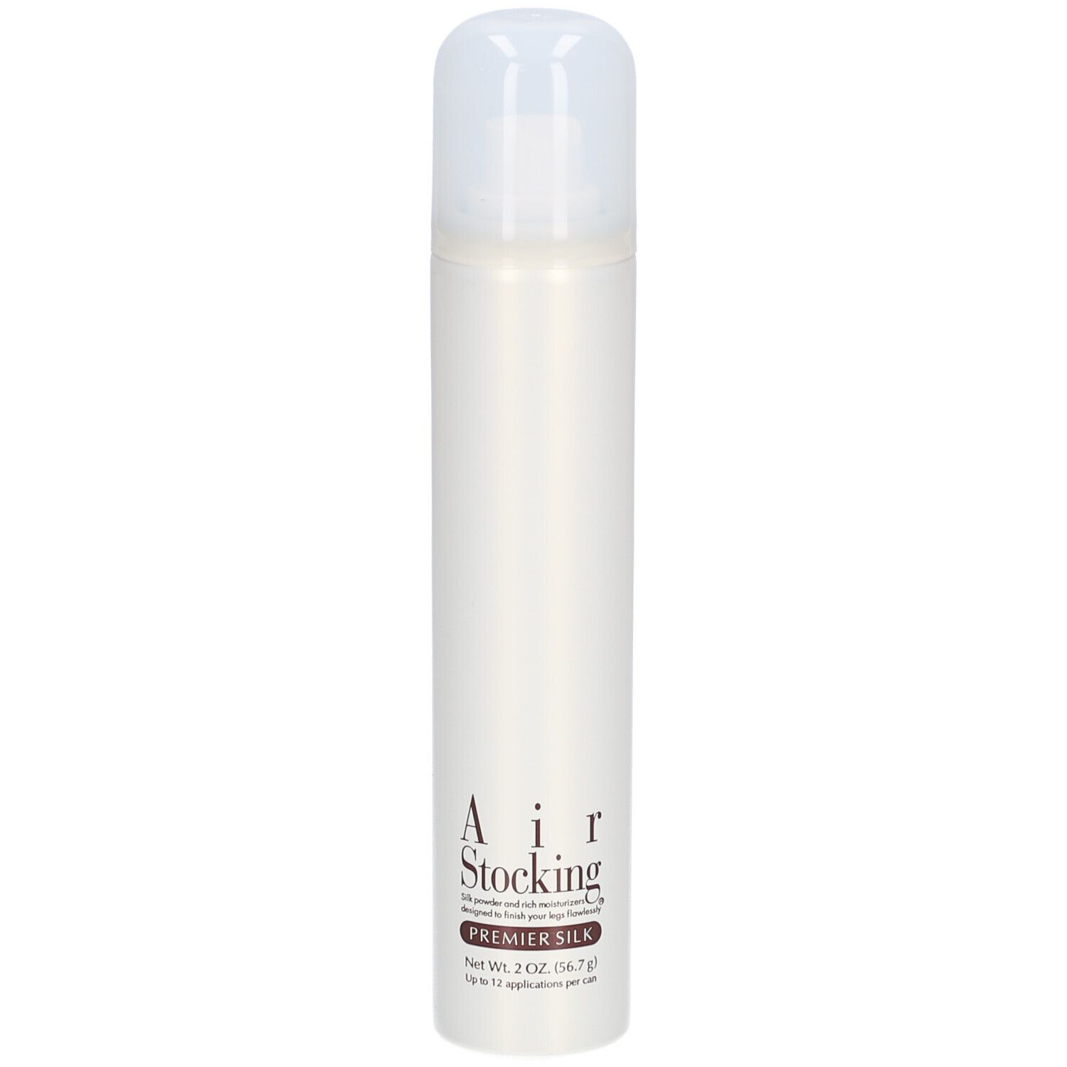 Aérosol. Récipient blanc avec couvercle blanc. Inscription: Air Stocking Premier Silk. Net Wt. 2 OZ. (56.7 g).