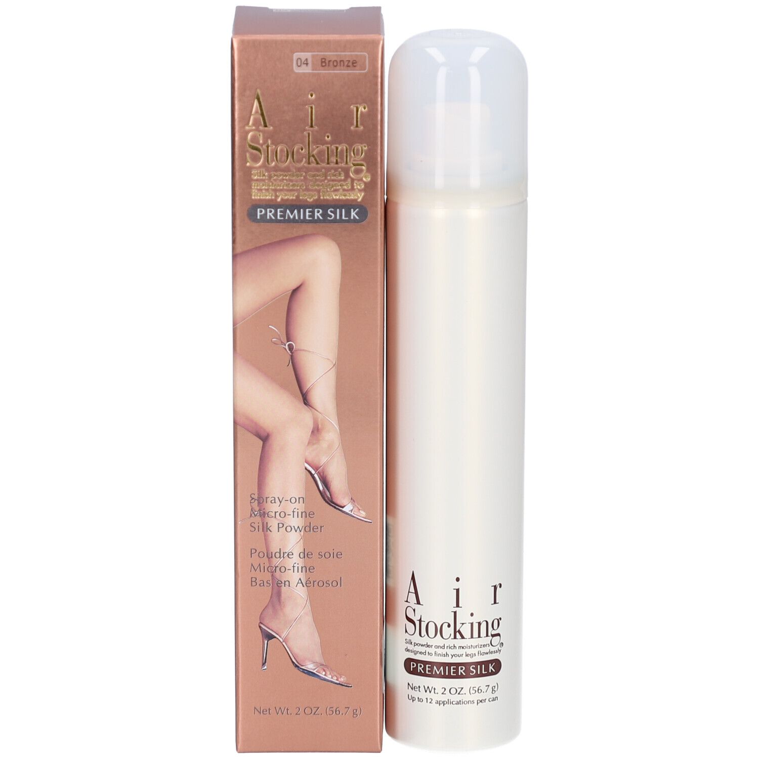 Produit avec emballage. Boîte et flacon. Inscription: Air Stocking Premier Silk. Illustration: jambes avec bas. Couleur: Bronze.