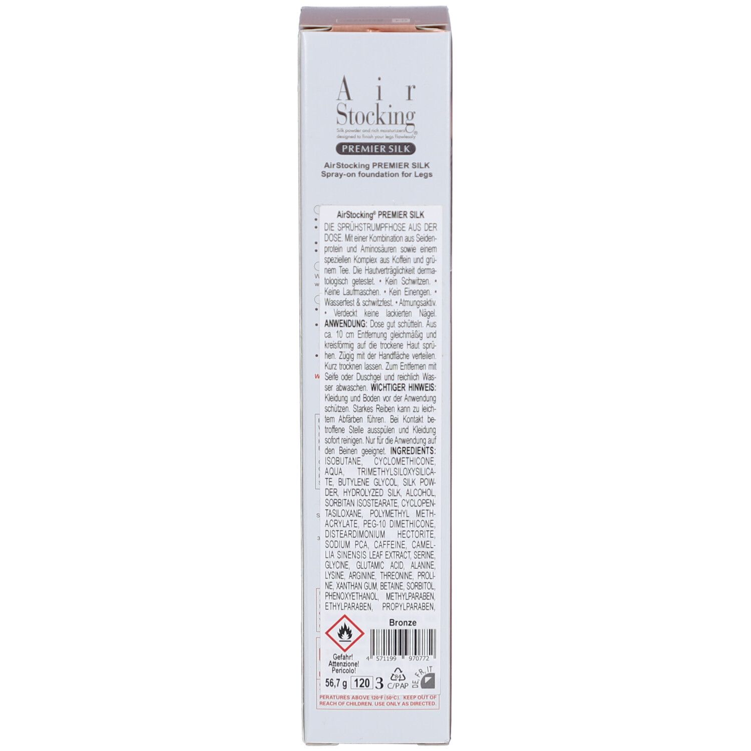 Boîte. Inscription: Air Stocking Premier Silk. Texte multilingue. Ingrédients. Couleur: Bronze.