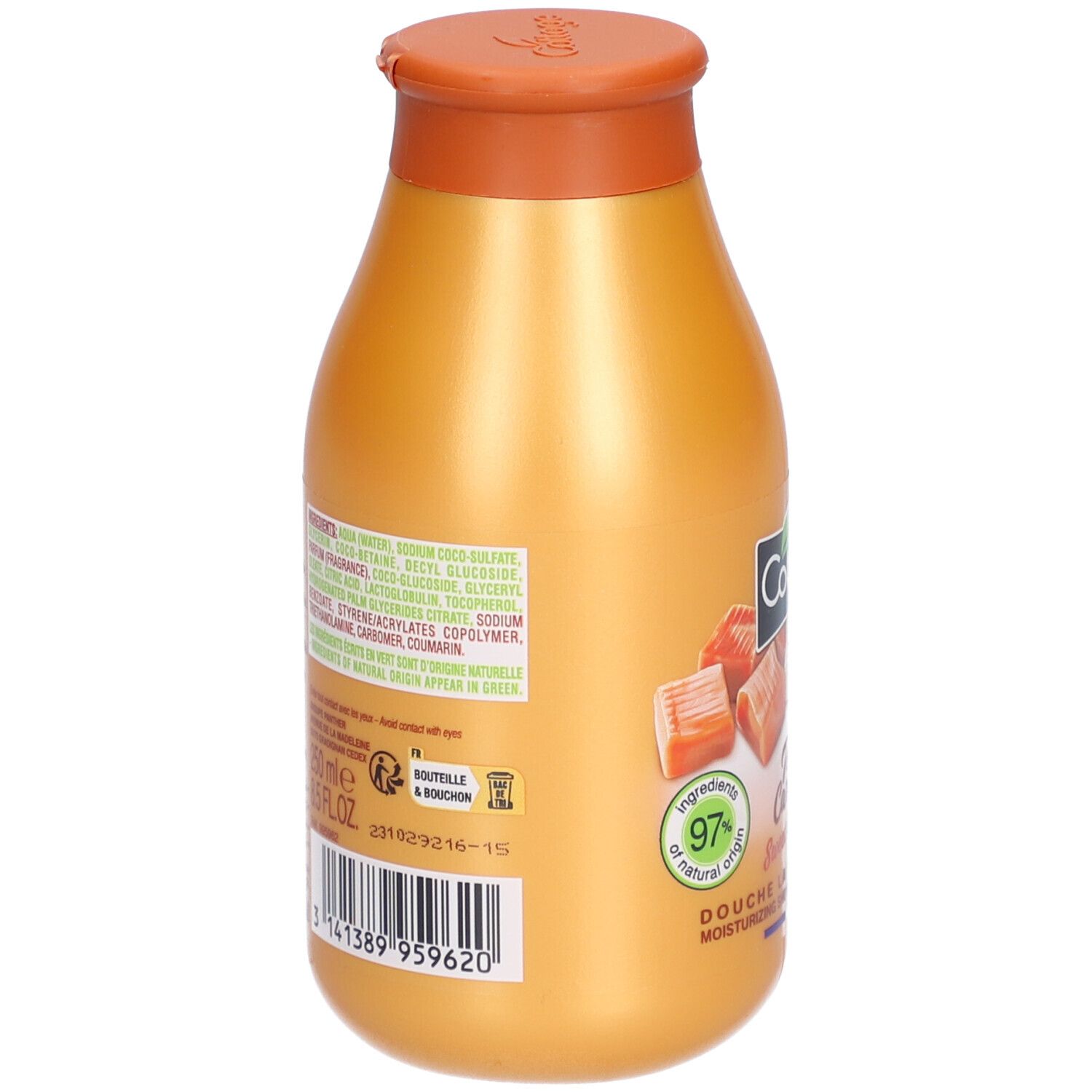 Dos du flacon doré. Contient ingrédients, code-barres et symboles de recyclage. Inscription: 97% d'origine naturelle.