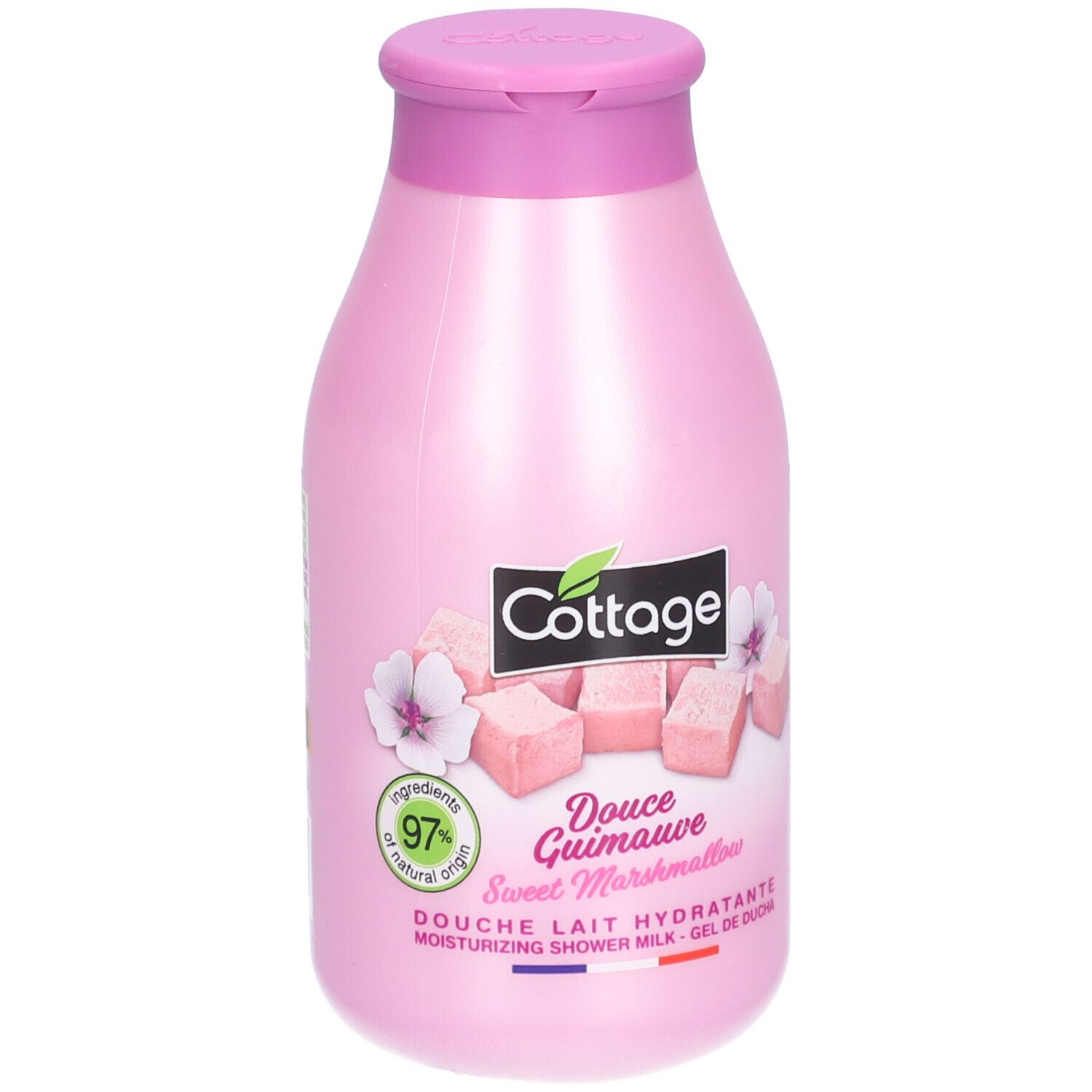 Flacon rose avec bouchon rabattable. Inscription Cottage, Douce Guimauve, 97% ingrédients naturels. Illustration de guimauves.