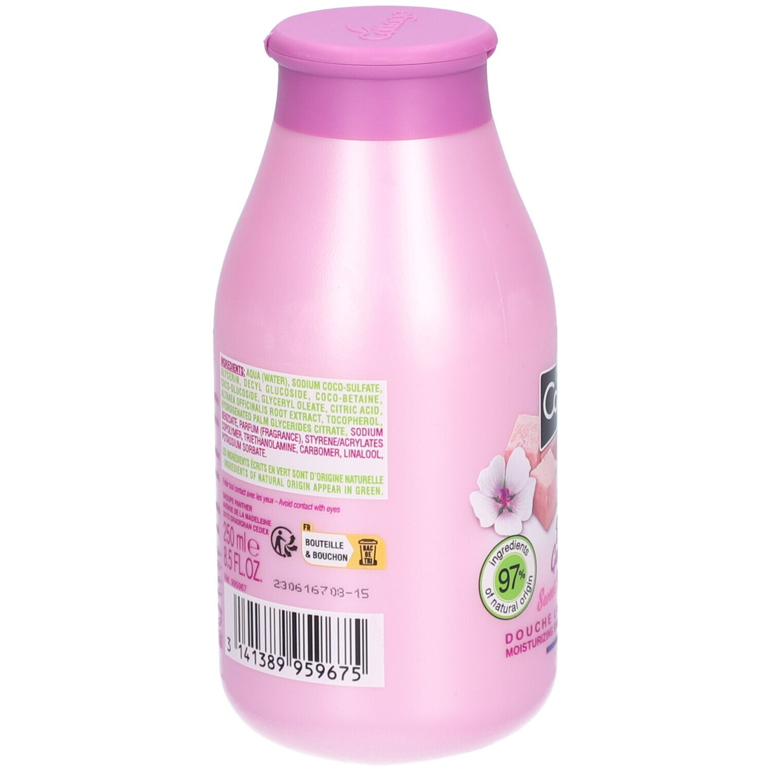 Dos d'un flacon rose. Texte avec ingrédients et informations. 250 ml. Code-barres et symbole de recyclage.