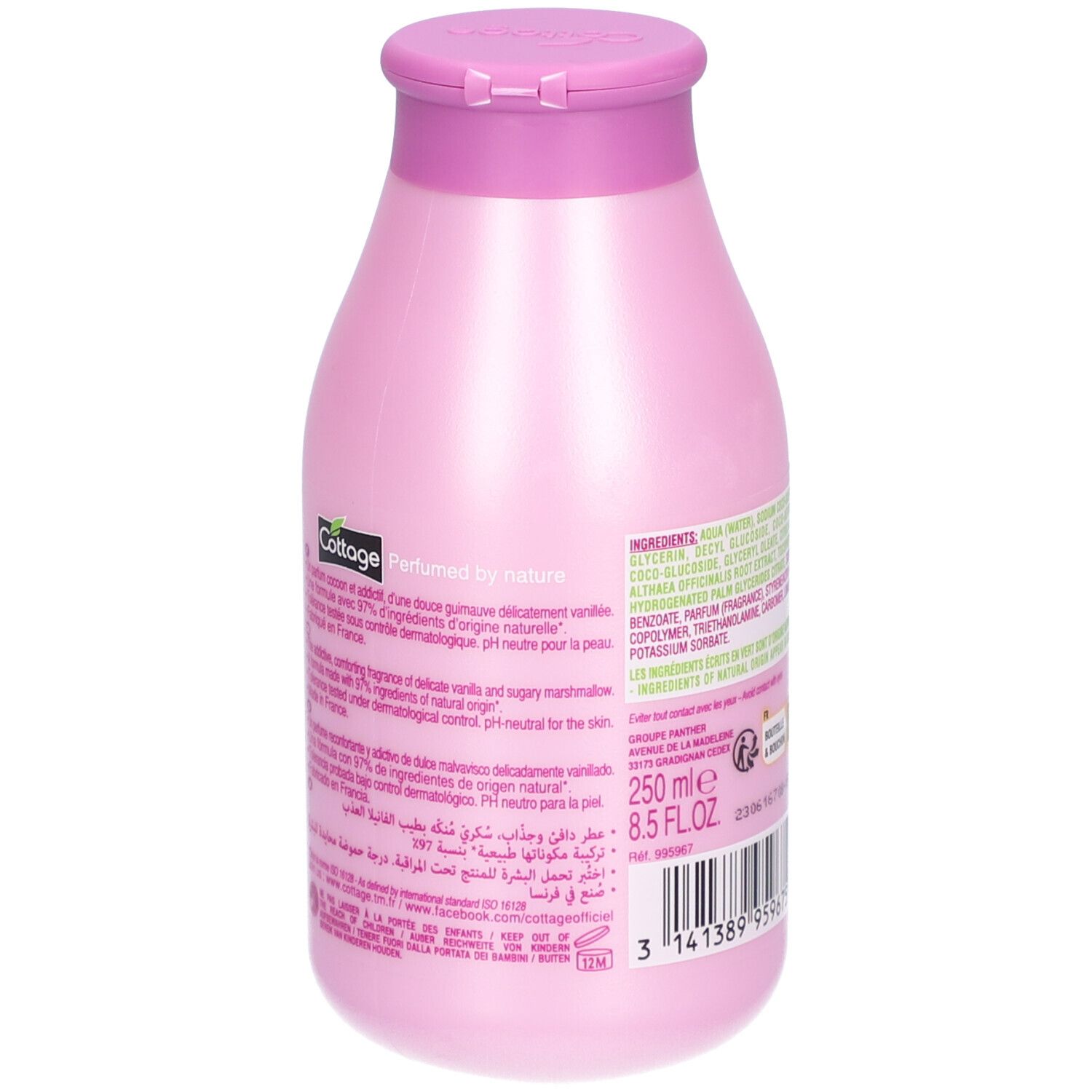 Dos d'un flacon rose. Texte avec ingrédients et informations. 250 ml. Code-barres et symbole de recyclage.
