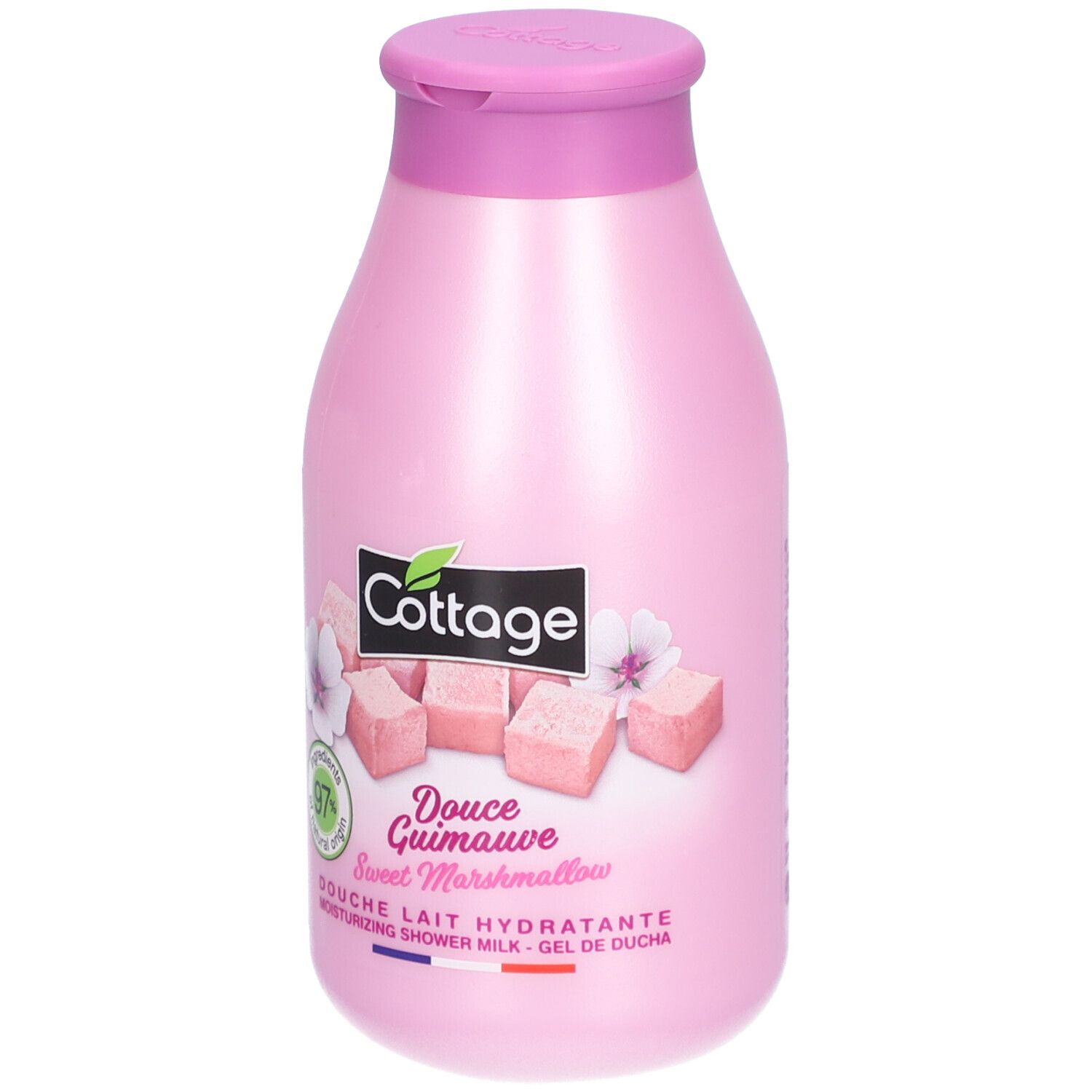 Flacon rose avec bouchon rabattable. Inscription Cottage, Douce Guimauve, 97% ingrédients naturels. Illustration de guimauves.