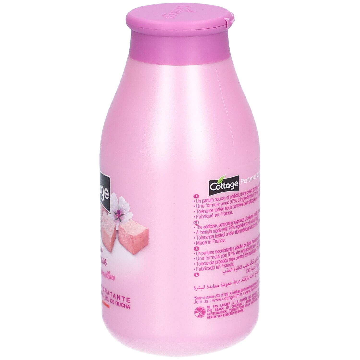 Dos d'un flacon rose. Texte avec ingrédients et informations. 250 ml. Code-barres et symbole de recyclage.