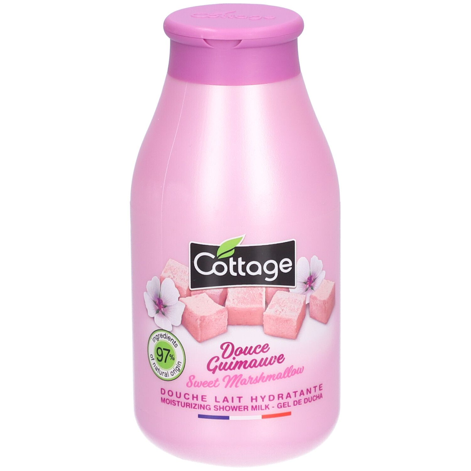 Flacon rose avec bouchon rabattable. Inscription Cottage, Douce Guimauve, 97% ingrédients naturels. Illustration de guimauves.