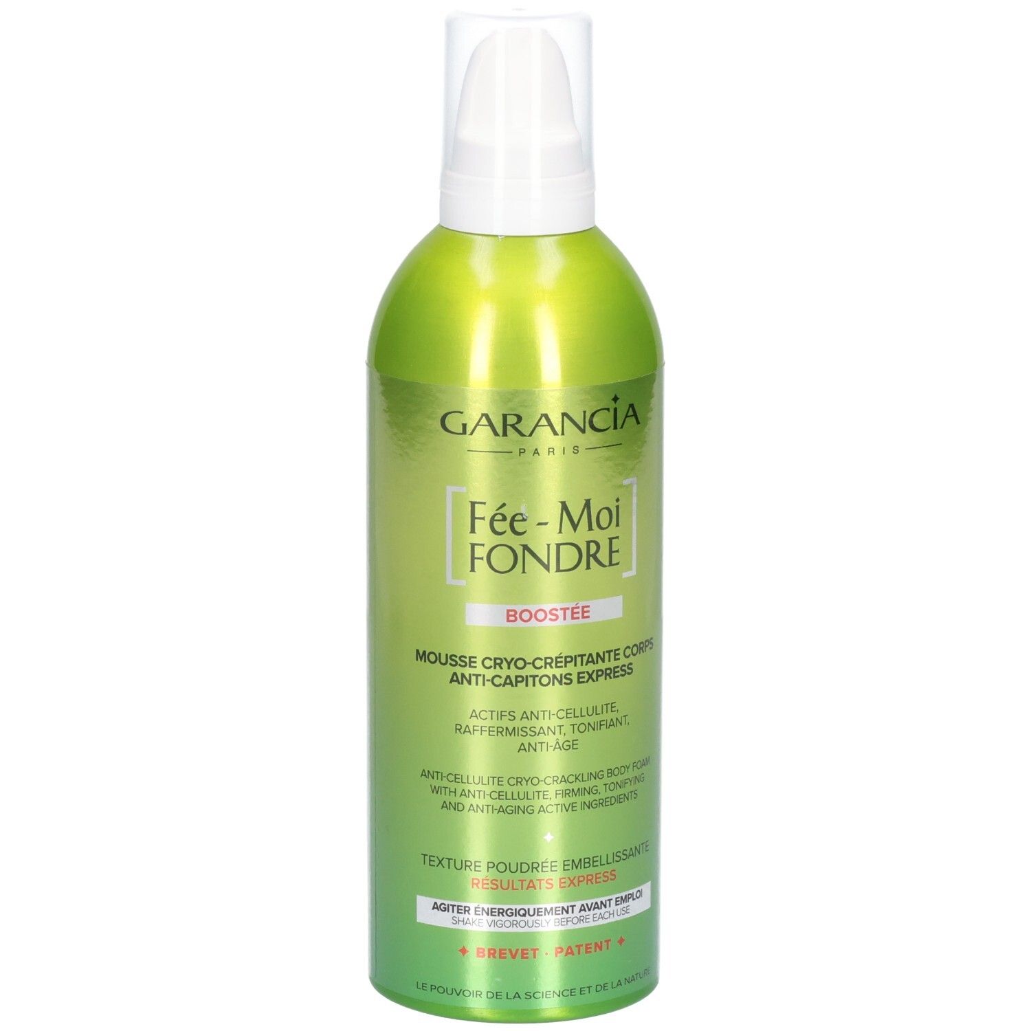 Garancia Fée Moi Fondre Boostée : Flacon spray vert avec pompe blanche. Mousse corps cryo-crépitante.