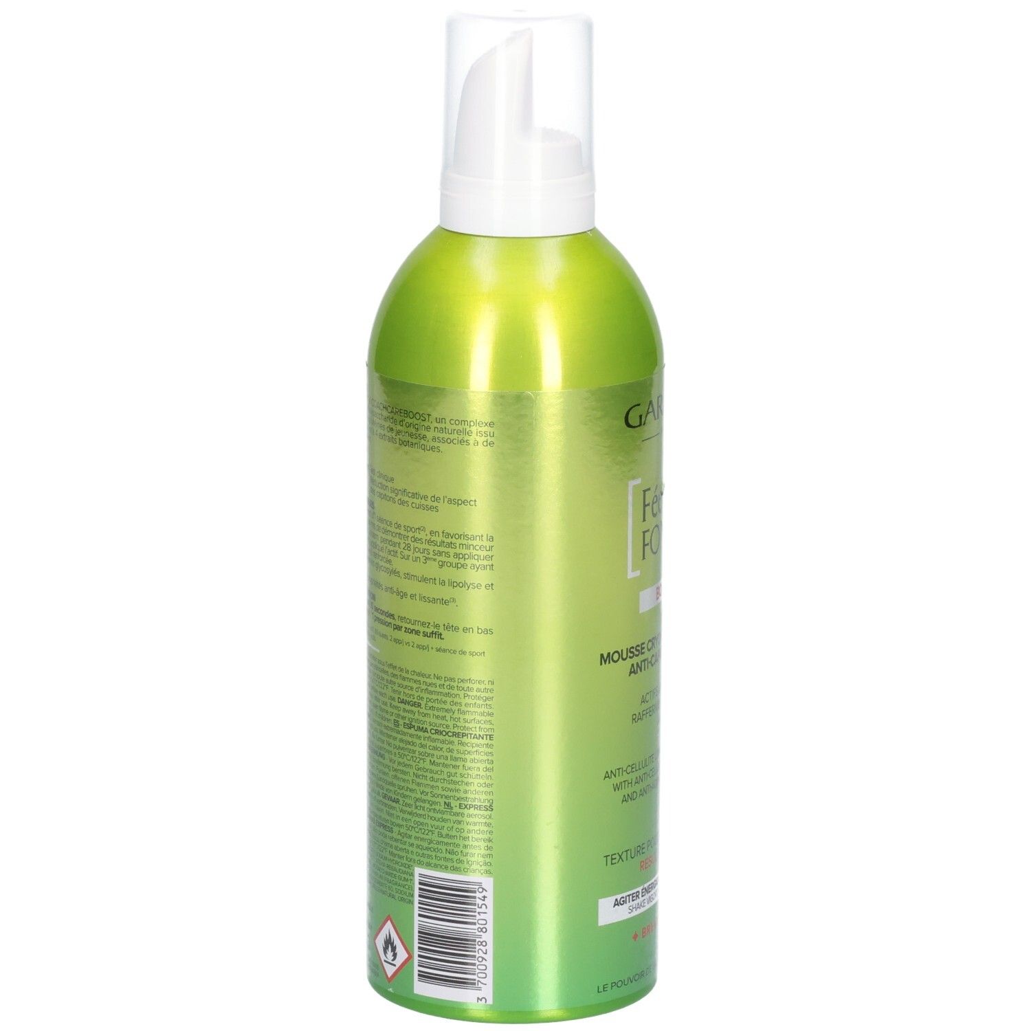 Garancia Fée Moi Fondre Boostée : Arrière du flacon spray vert avec informations produit et symboles d'avertissement.
