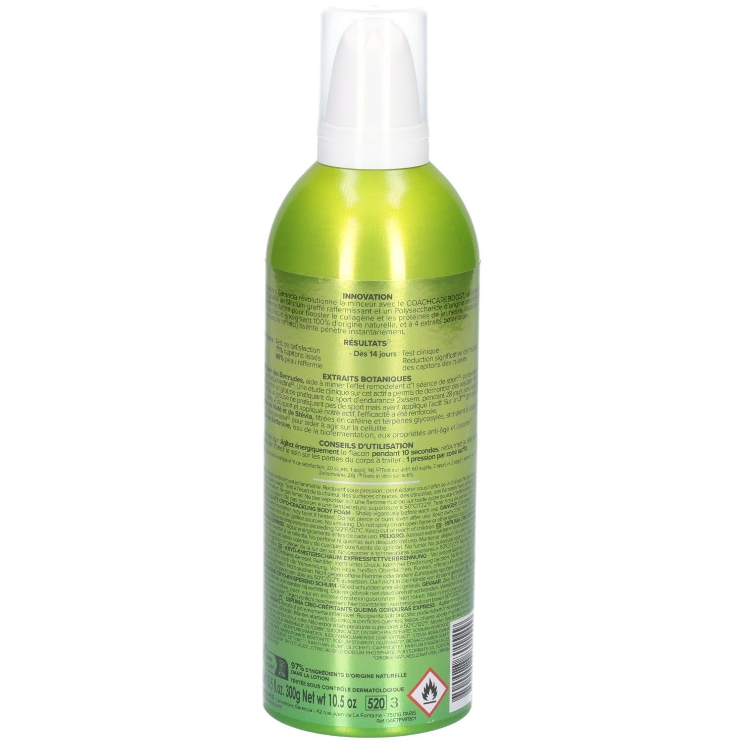 Garancia Fée Moi Fondre Boostée : Arrière du flacon spray vert avec informations détaillées et ingrédients.