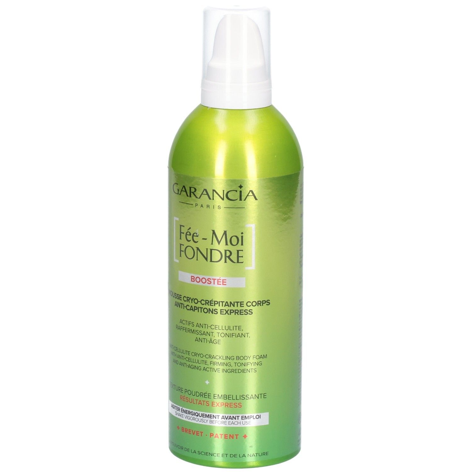 Garancia Fée Moi Fondre Boostée : Flacon spray vert avec pompe blanche. Mousse corps cryo-crépitante.
