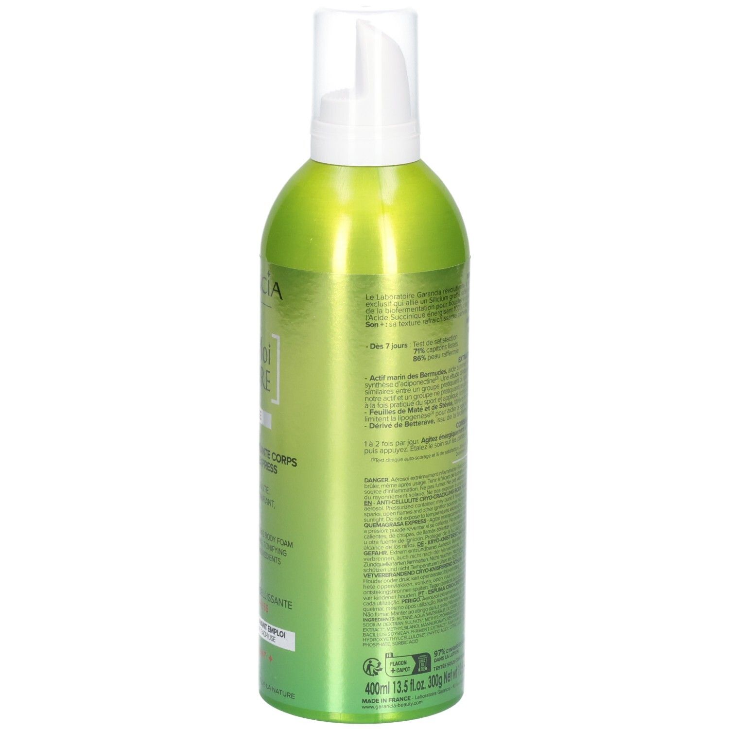 Garancia Fée Moi Fondre Boostée : Flacon spray vert avec pompe blanche. Informations produit au dos.