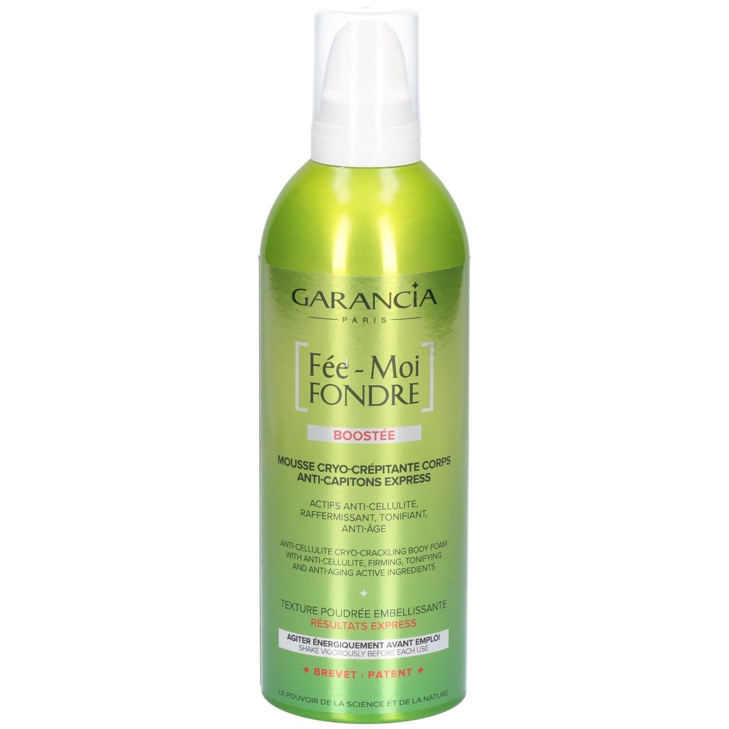 Garancia Fée Moi Fondre Boostée : Flacon spray vert avec pompe blanche. Mousse corps cryo-crépitante.
