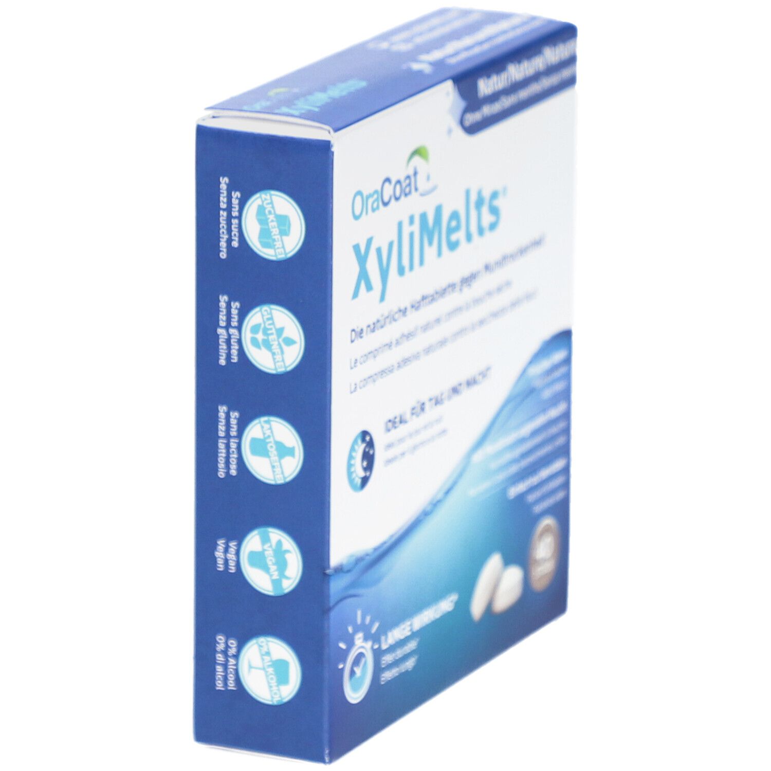 Vue latérale de la boîte OraCoat XyliMelts. Texte: "Contre la bouche sèche". Vegan, sans gluten, sans sucre.