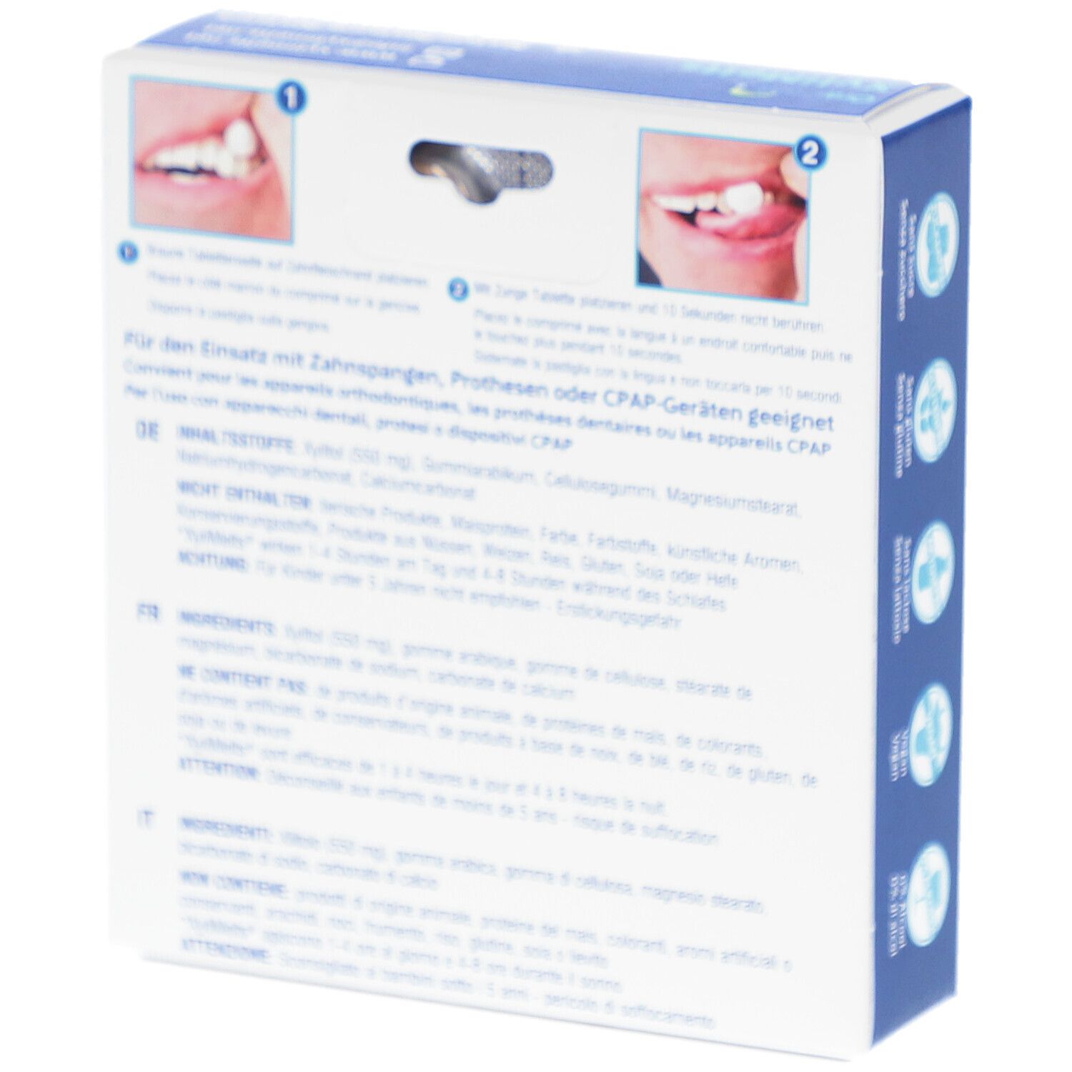 Dos de la boîte OraCoat XyliMelts. Texte: "Convient pour les appareils dentaires, prothèses ou appareils CPAP".