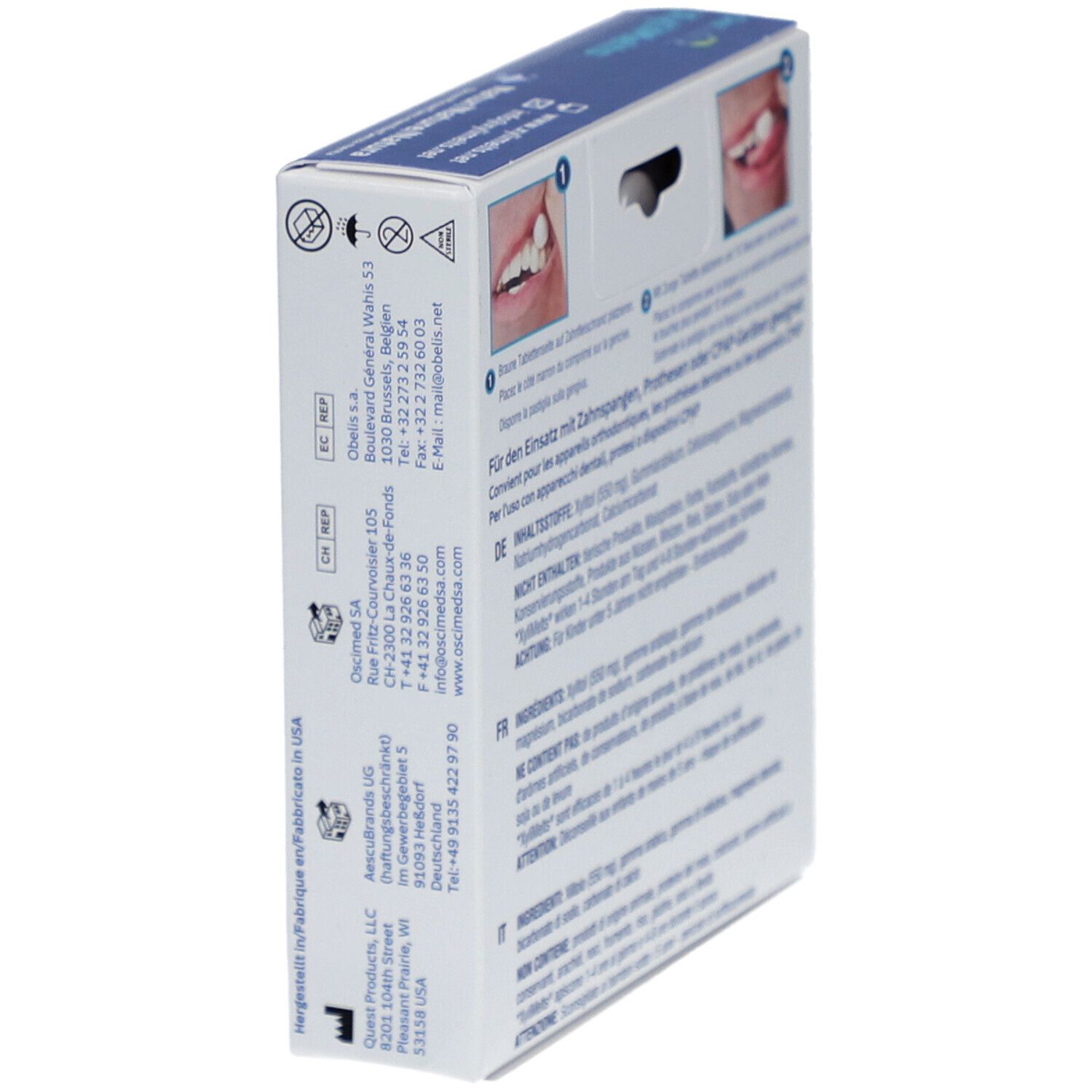 Vue latérale de la boîte OraCoat XyliMelts. Texte: "Convient pour les appareils dentaires, prothèses ou appareils CPAP".