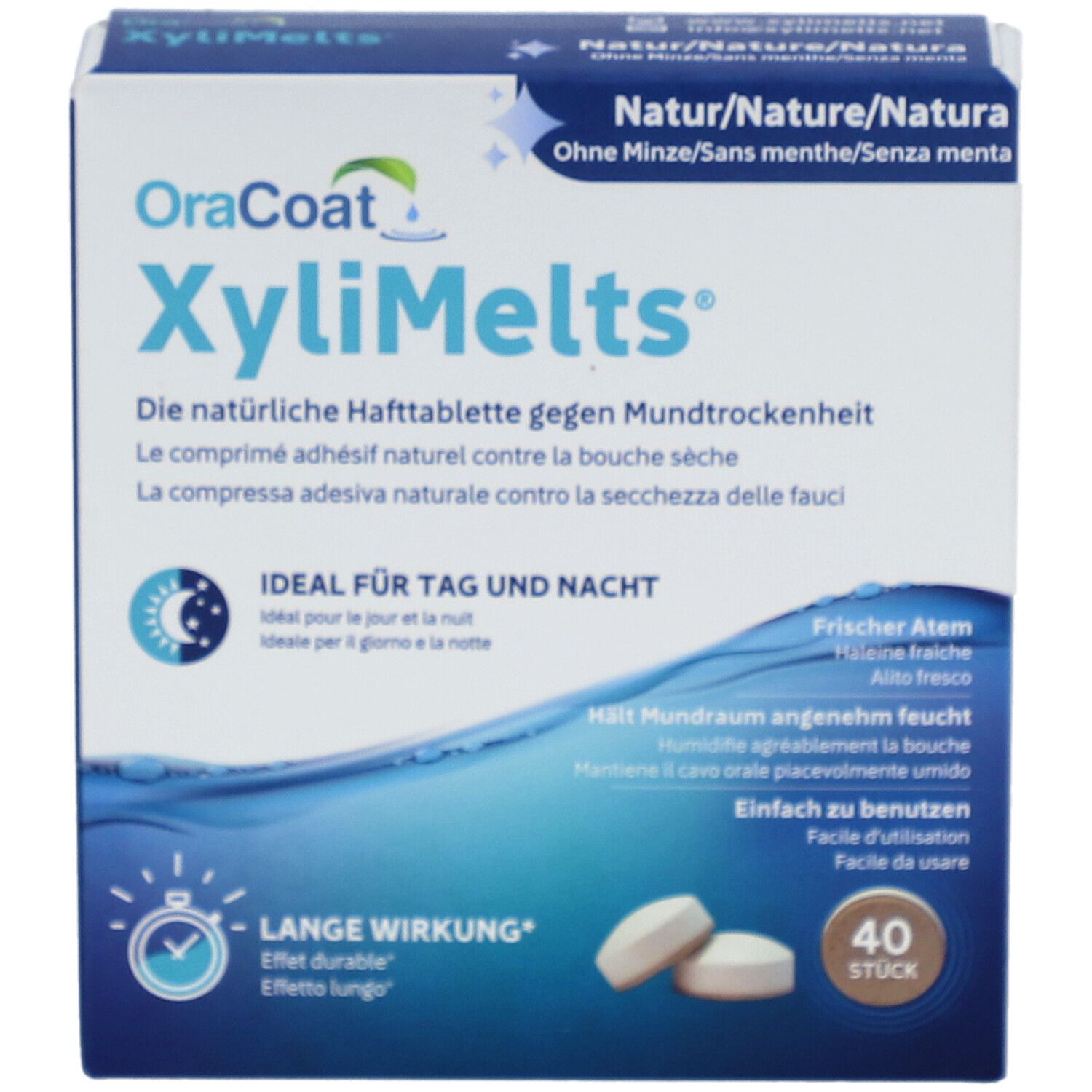 Boîte OraCoat XyliMelts, 40 comprimés adhésifs. Texte: "Contre la bouche sèche". Image des comprimés.