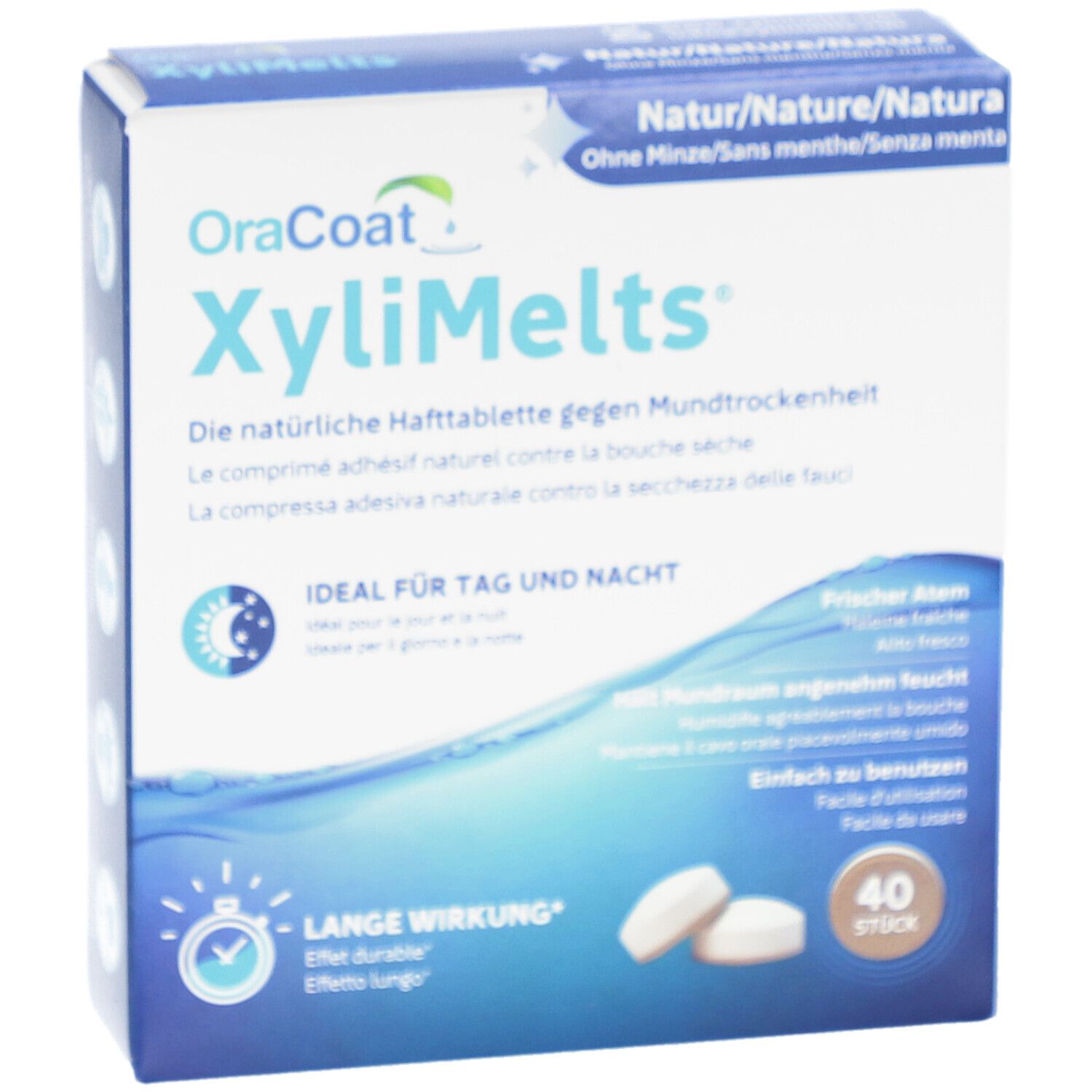 Boîte OraCoat XyliMelts, 40 comprimés adhésifs. Texte: "Contre la bouche sèche". Image des comprimés.