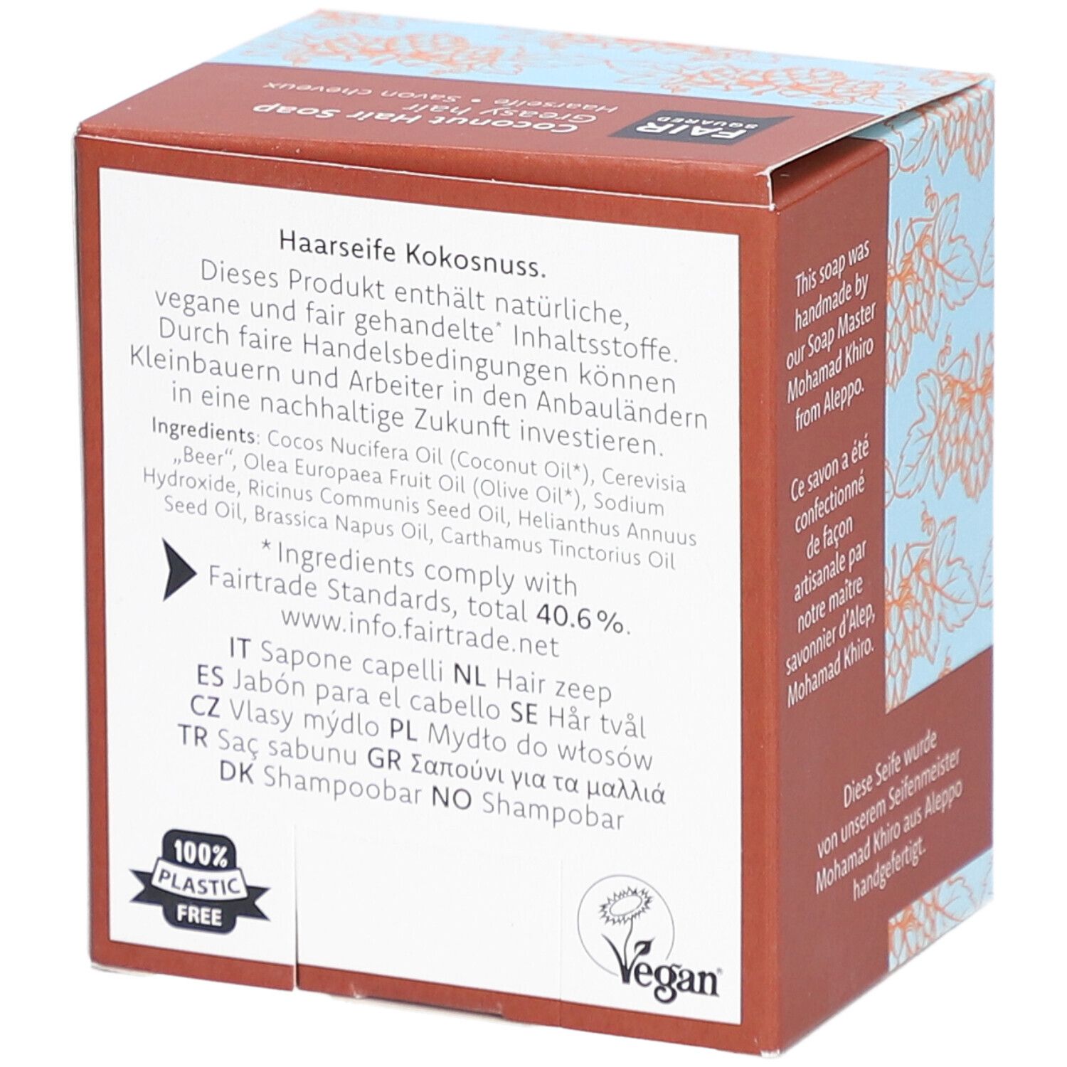 Dos de l'emballage de FAIR SQUARED Haarseife Coco. Texte : ingrédients, normes Fairtrade, label Vegan, 100% sans plastique.