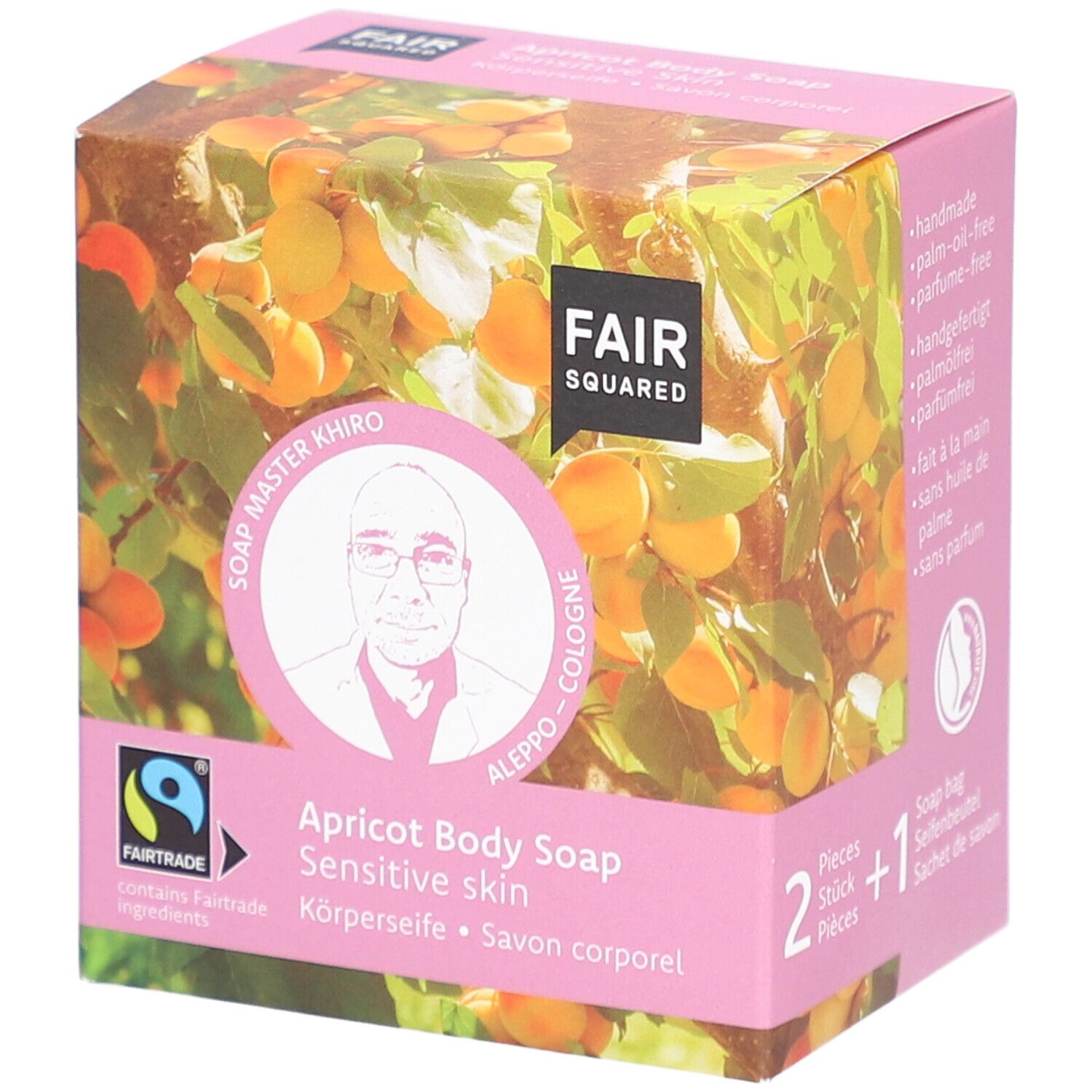 FAIR SQUARED Savon corporel Abricot pour peaux sensibles, 2 pièces + 1 sachet. Logo Fairtrade et logo Vegan visibles.